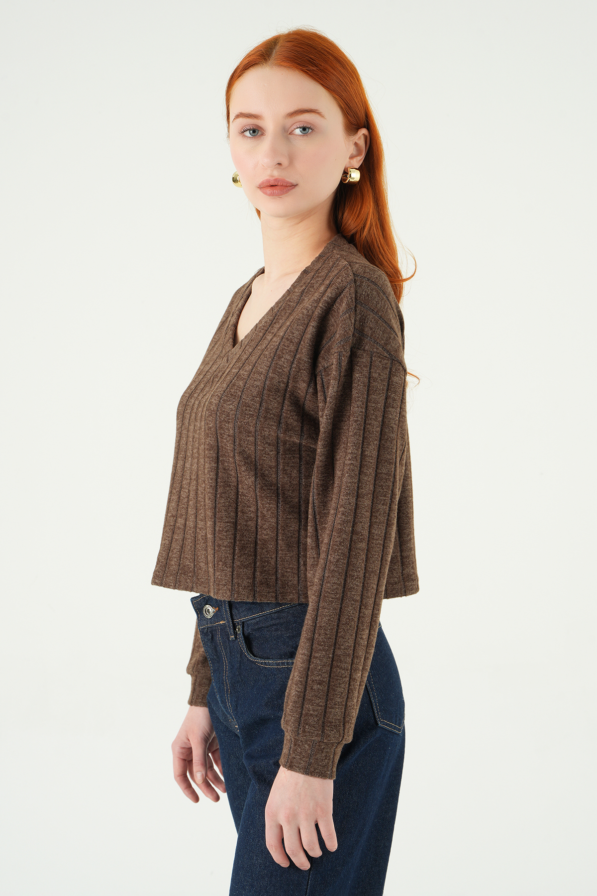 8259A V Yaka Bluz Acı Kahve - 2