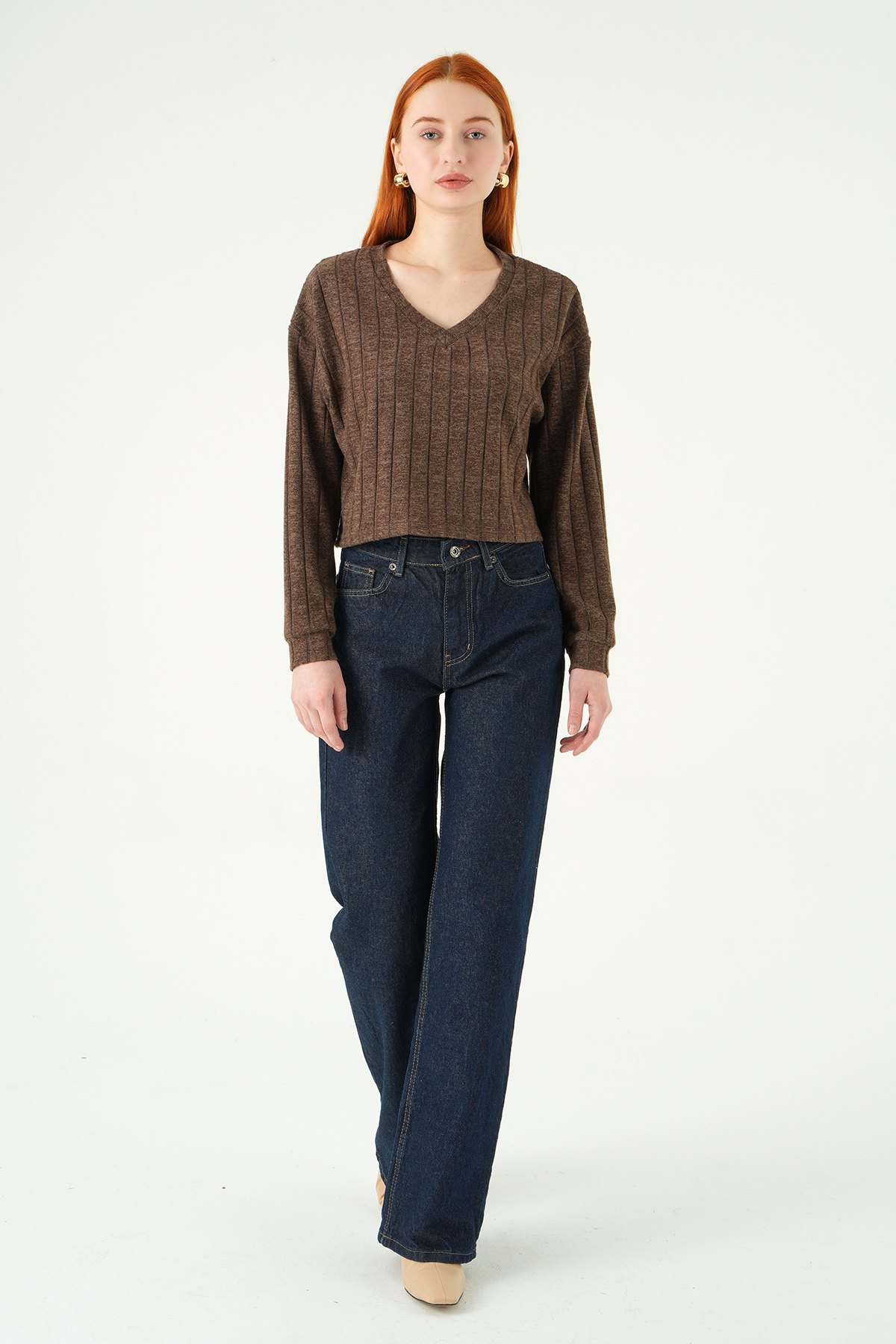 8259A V Yaka Bluz Acı Kahve - 3