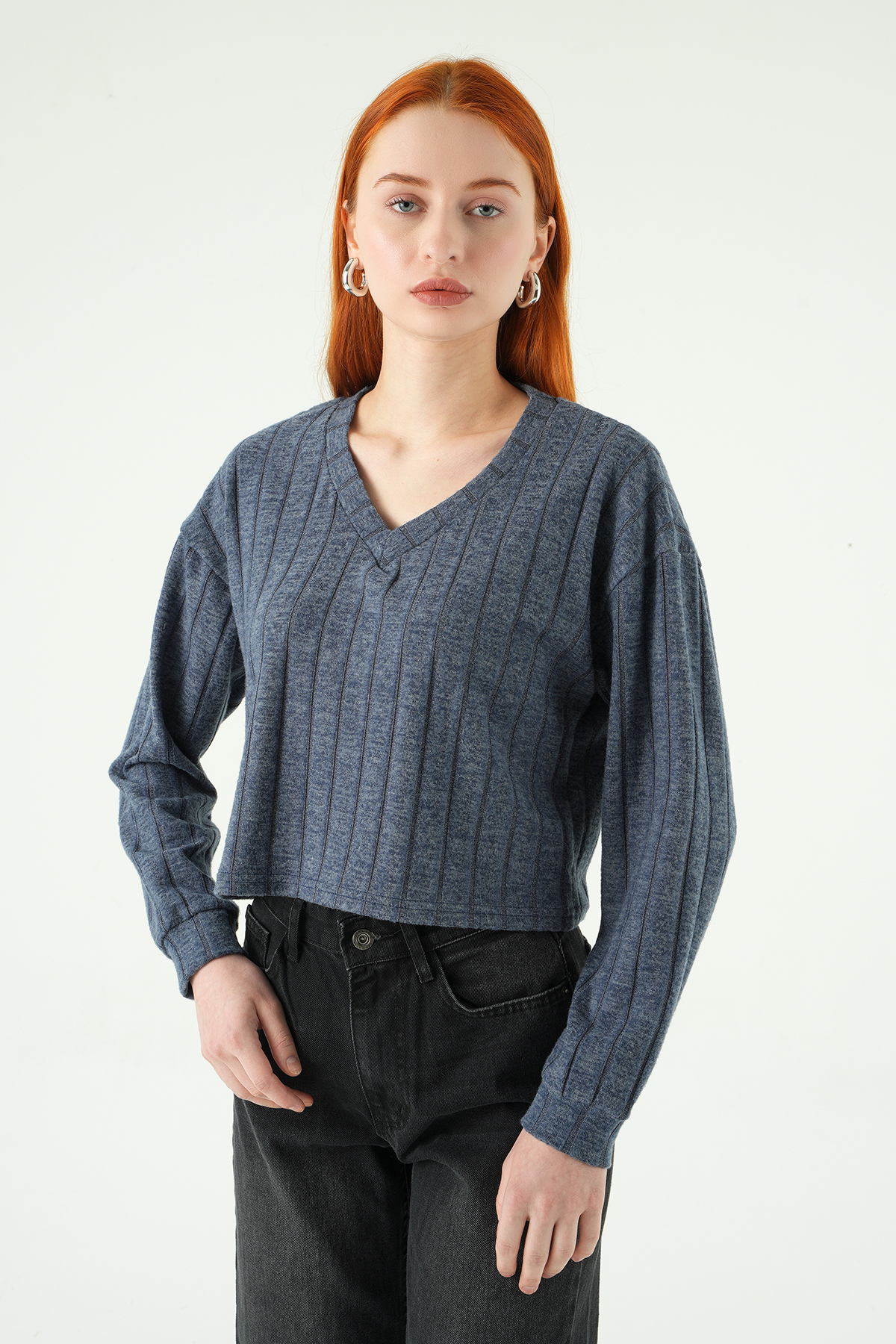 İndigo V Yaka Bluz 8259A - RAYS