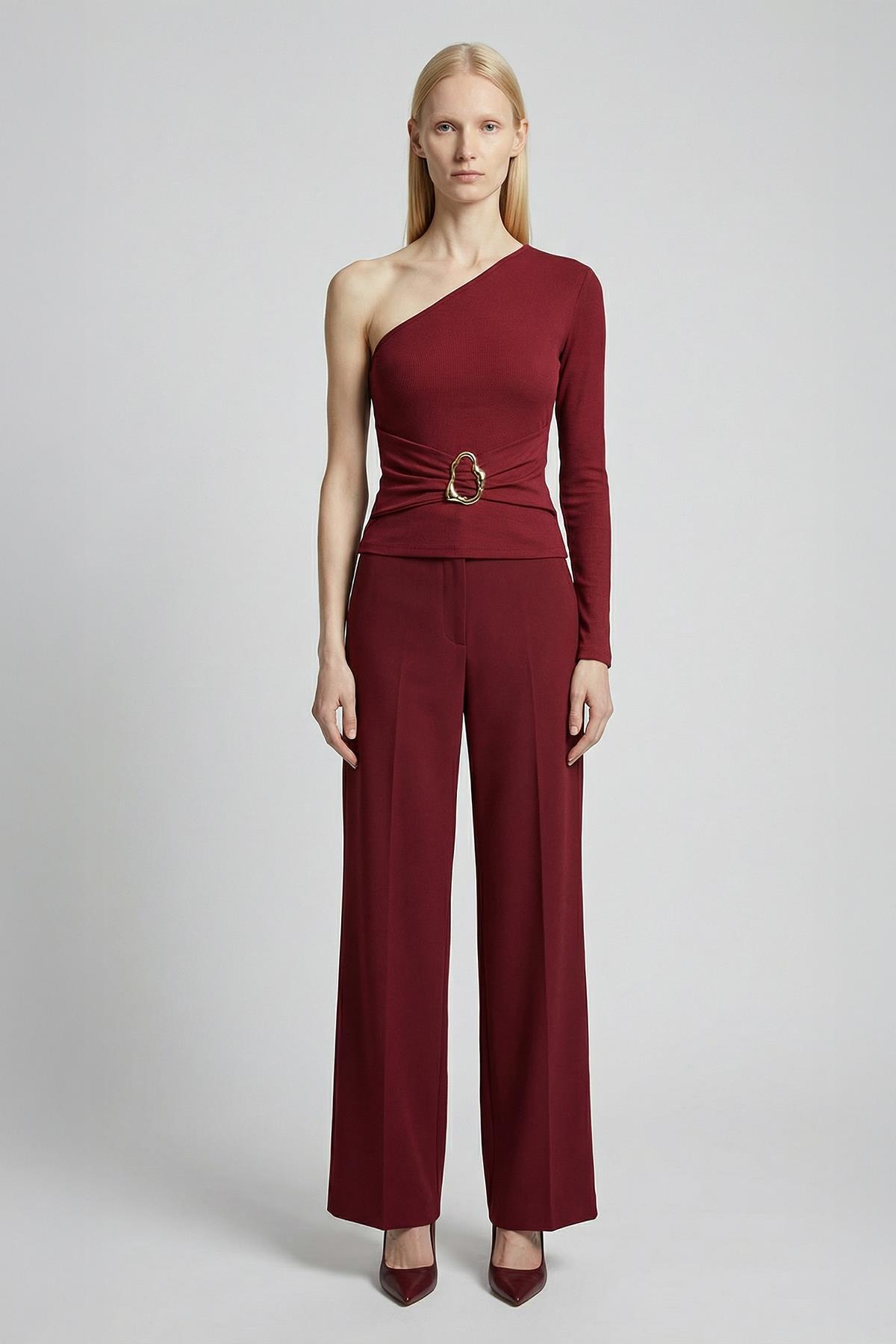 8261A Tek Kol Tokalı Bluz Bordo - 1