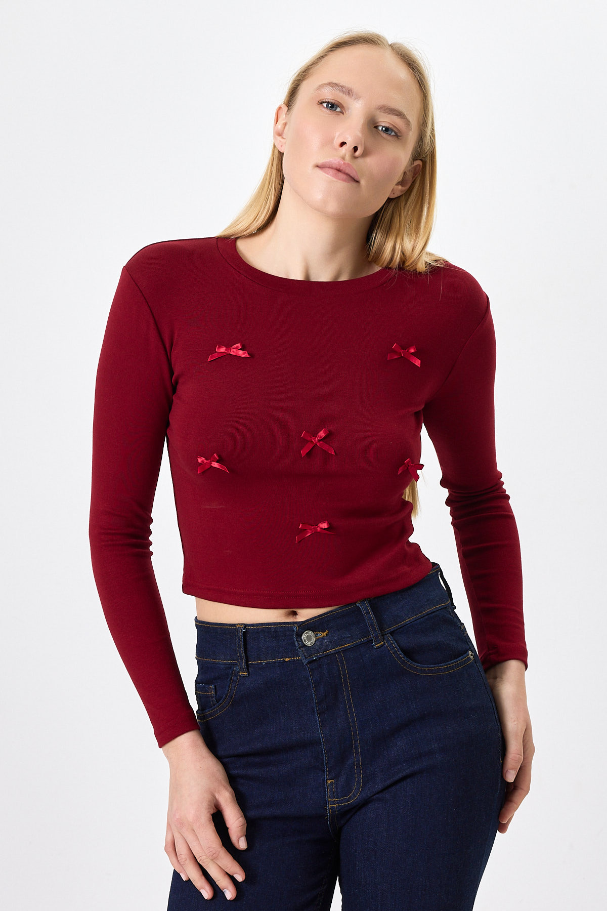 Bordo Bisiklet Yaka Kurdele Aplike Detaylı Kadın Crop Body 8264A - RAYS