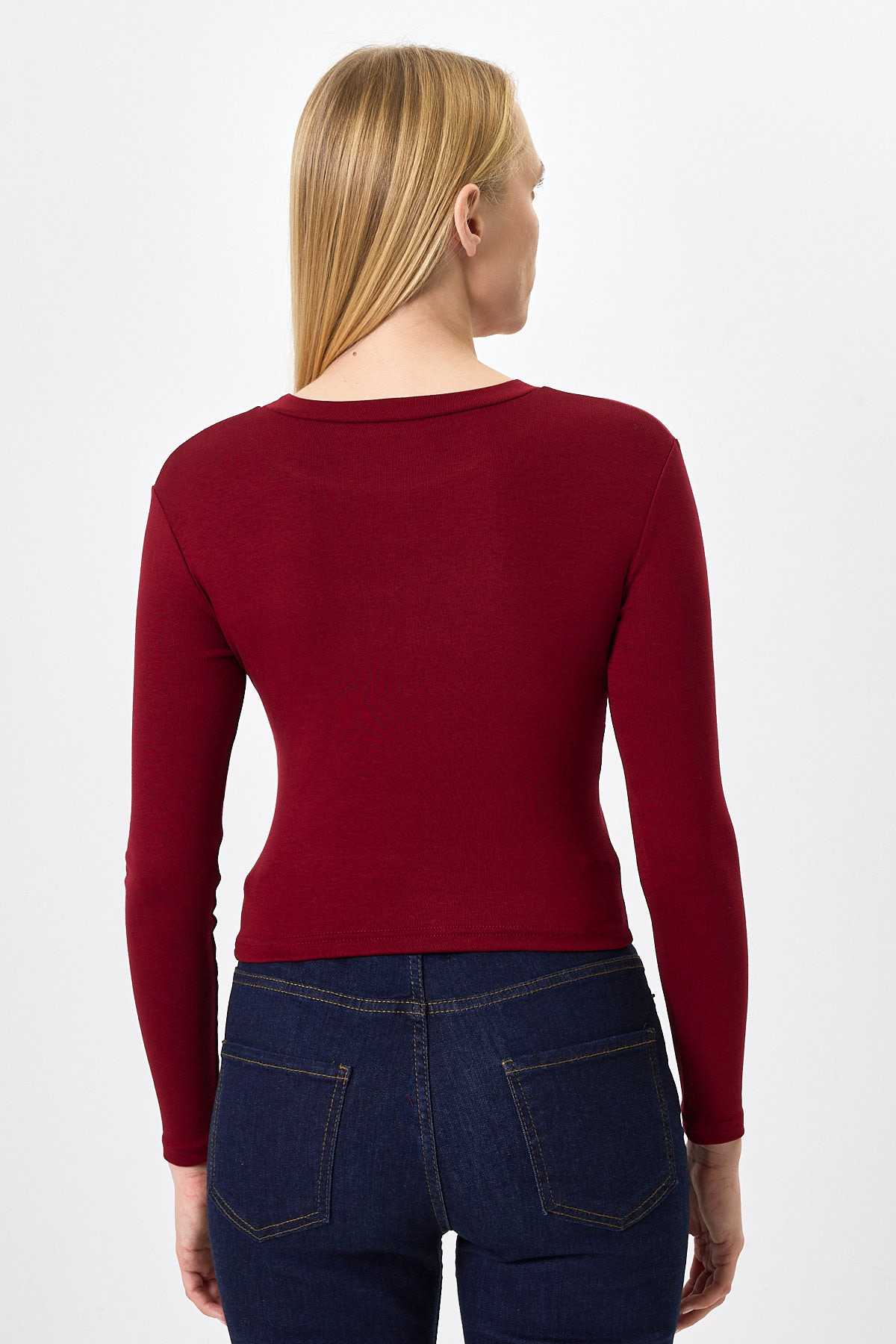 Bordo Bisiklet Yaka Kurdele Aplike Detaylı Kadın Crop Body 8264A - 5