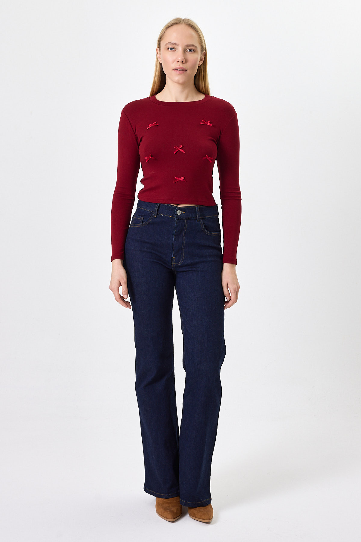 Bordo Bisiklet Yaka Kurdele Aplike Detaylı Kadın Crop Body 8264A - 3