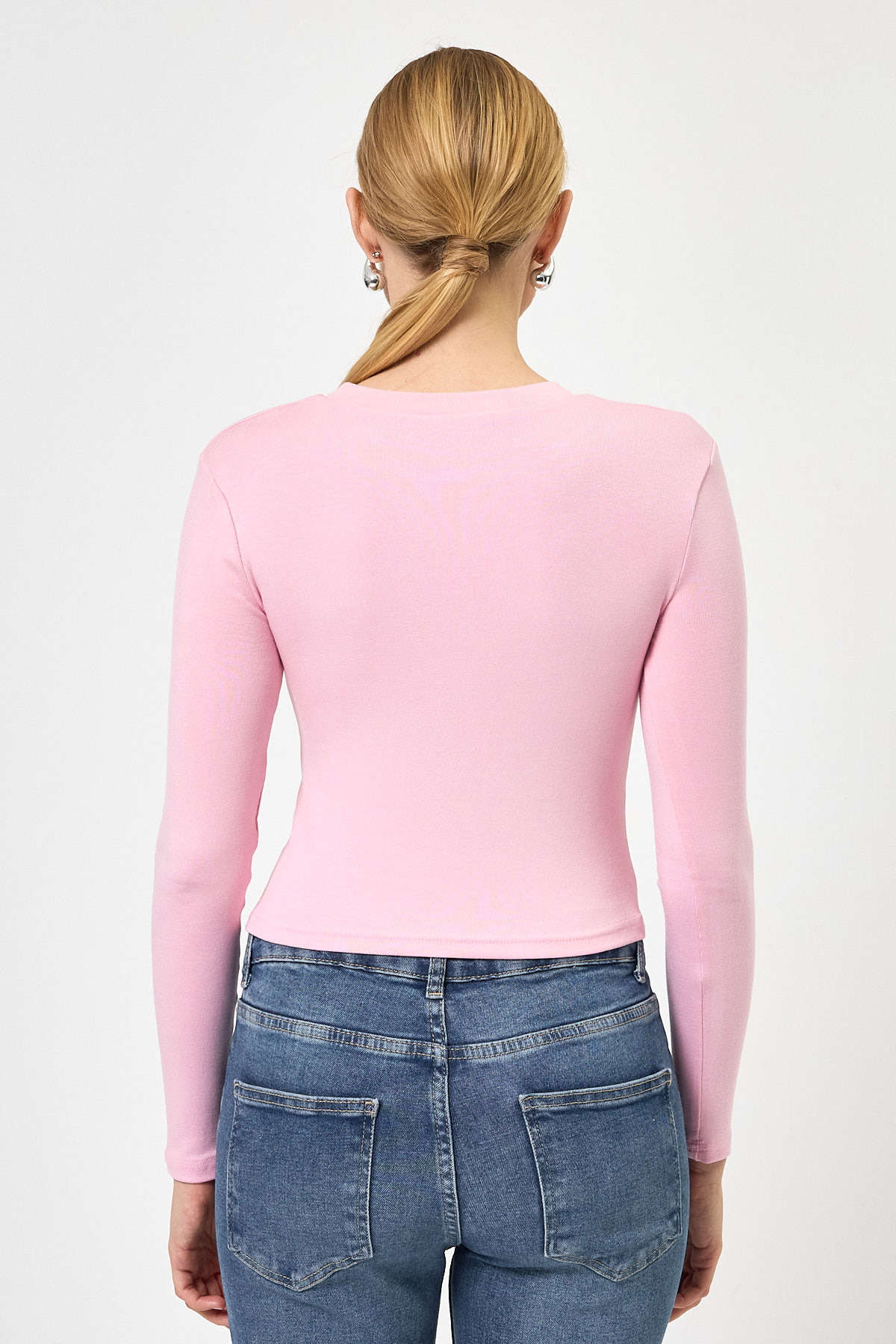 Pembe Bisiklet Yaka Kurdele Aplike Detaylı Kadın Crop Body 8264A - 5