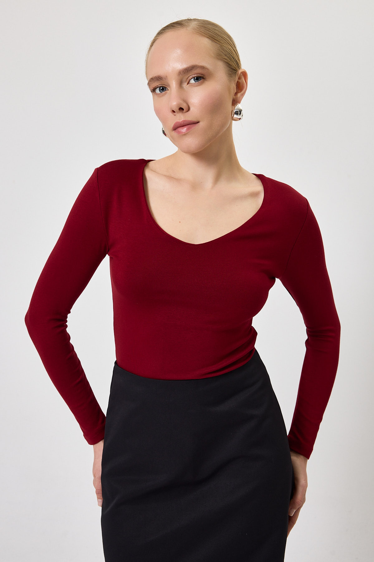 Bordo Fitilli V Yaka Uzun Kollu Kadın Body 8266A - RAYS