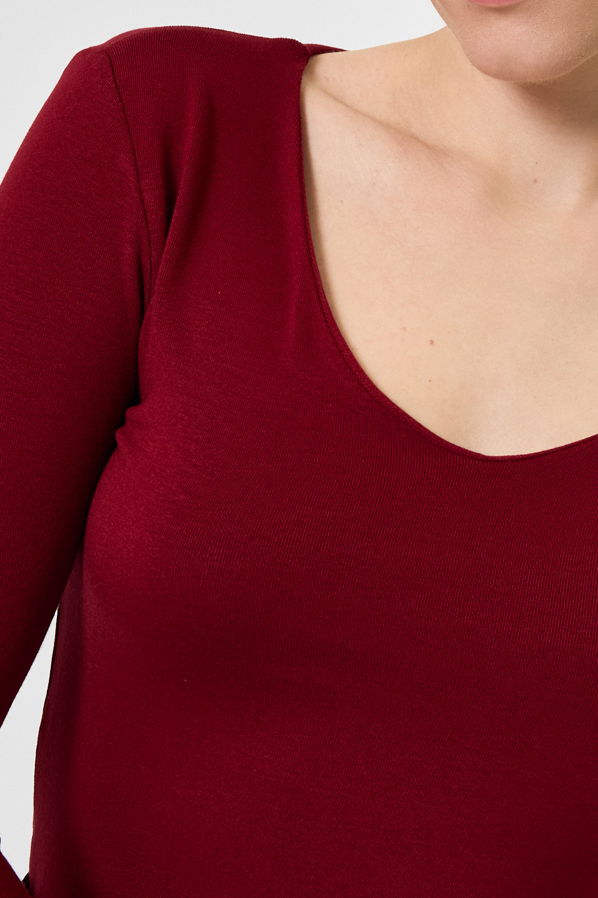 Bordo Fitilli V Yaka Uzun Kollu Kadın Body 8266A - RAYS