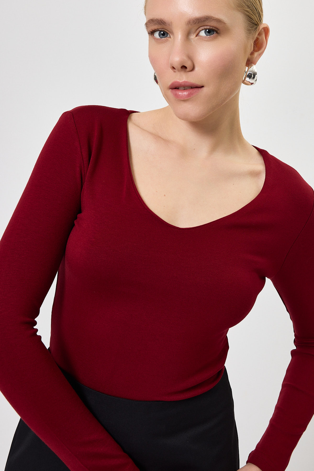 Bordo Fitilli V Yaka Uzun Kollu Kadın Body 8266A - 6