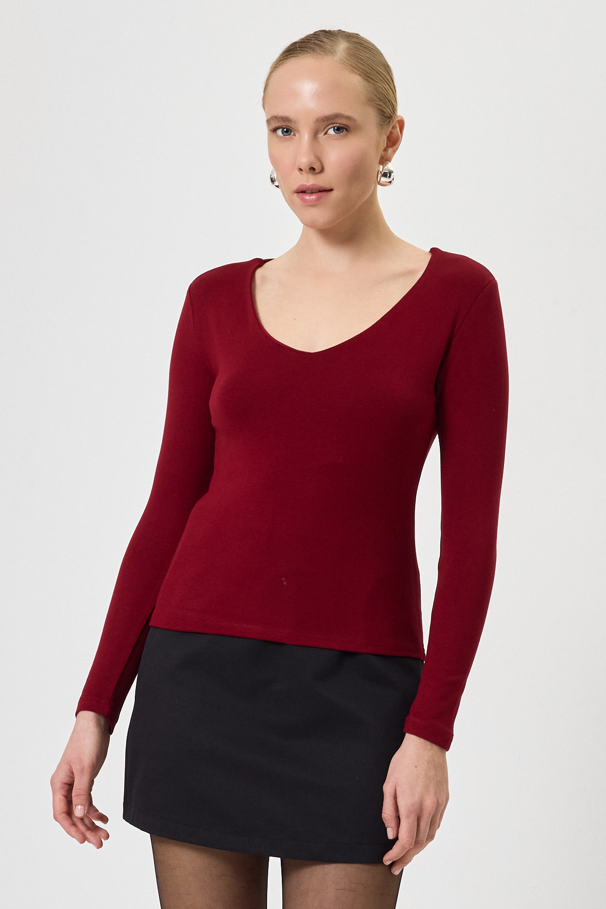 Bordo Fitilli V Yaka Uzun Kollu Kadın Body 8266A - RAYS