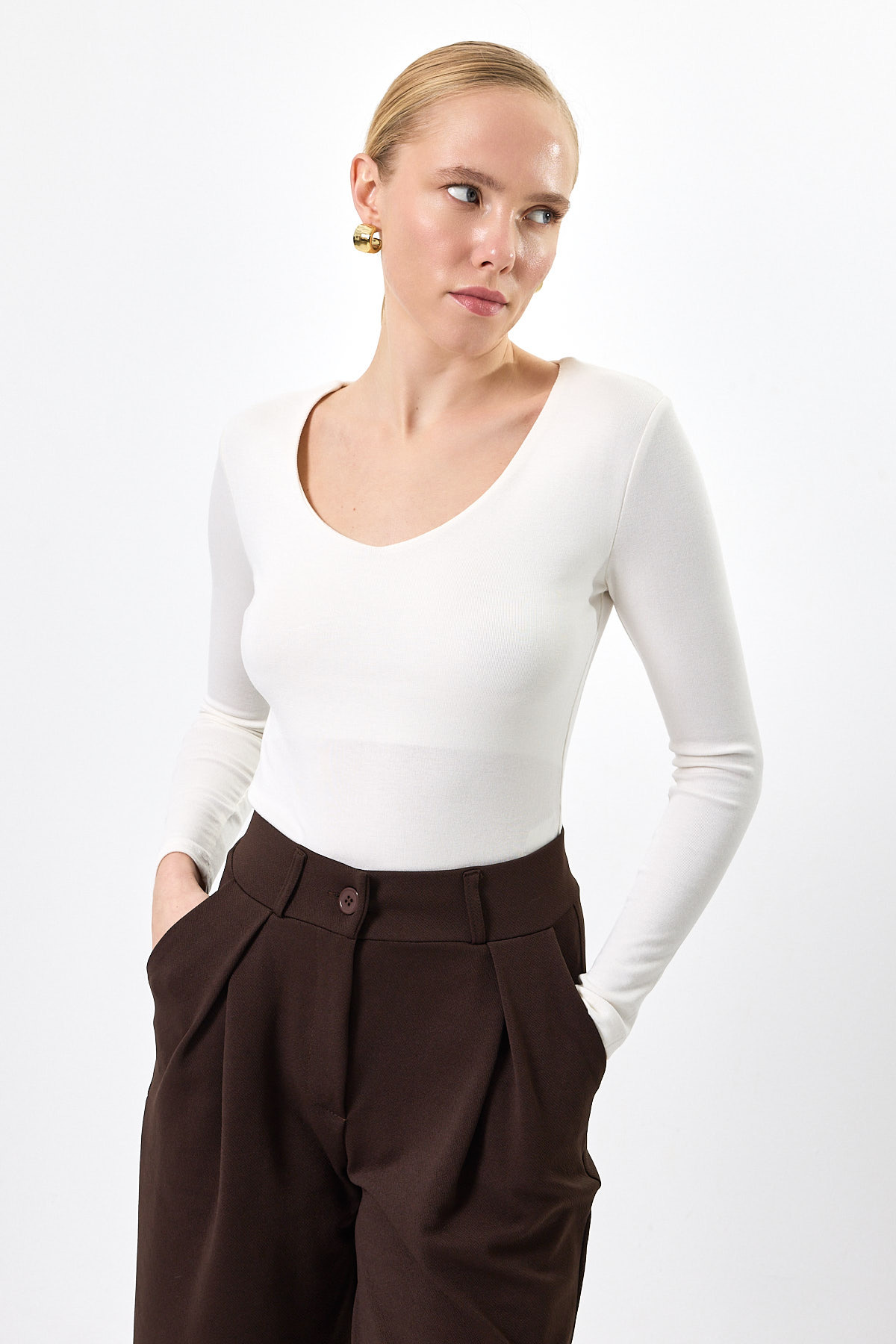 Ekru Fitilli V Yaka Uzun Kollu Kadın Body 8266A - 1