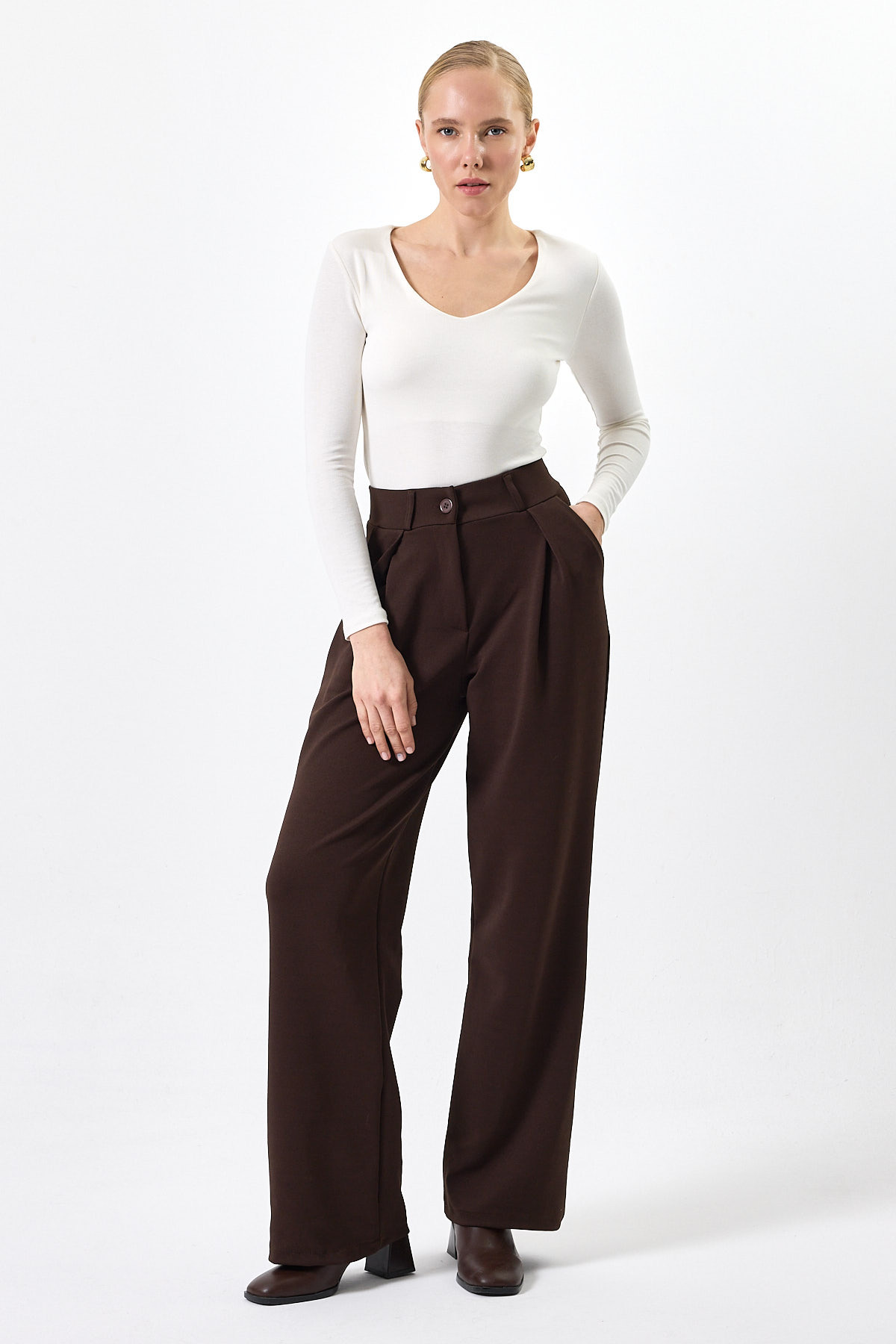 Ekru Fitilli V Yaka Uzun Kollu Kadın Body 8266A - RAYS