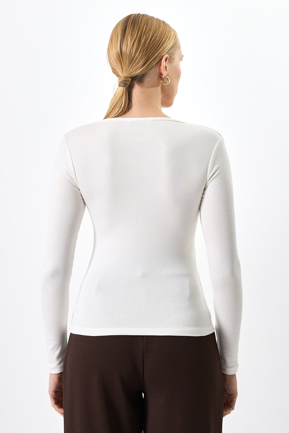 Ekru Fitilli V Yaka Uzun Kollu Kadın Body 8266A - 5