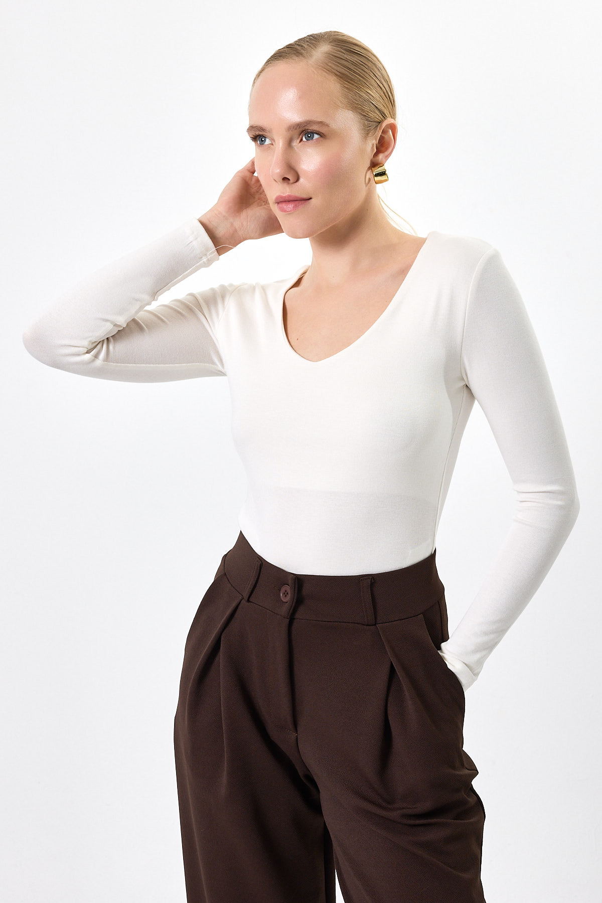 Ekru Fitilli V Yaka Uzun Kollu Kadın Body 8266A - RAYS