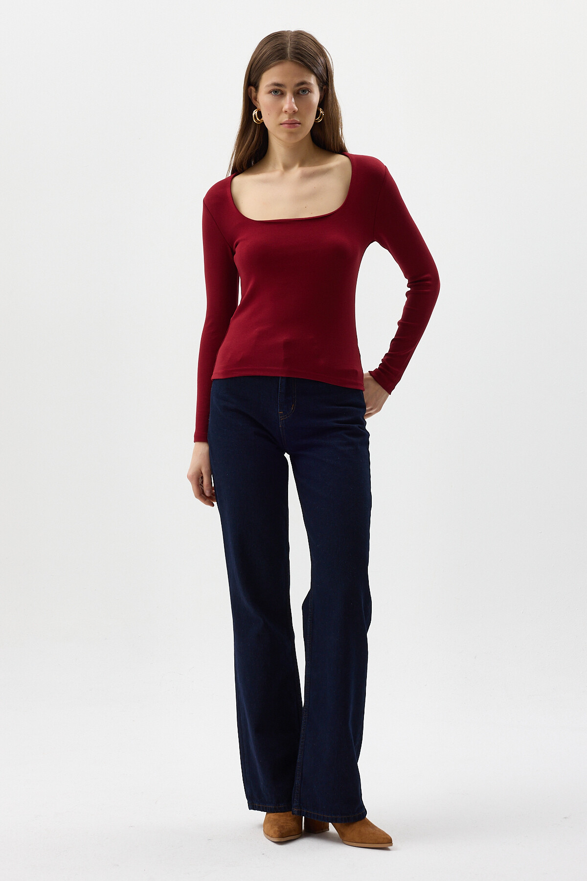 Bordo Kare Yaka Uzun Kollu Fitilli Kadın Body 8267A - 6