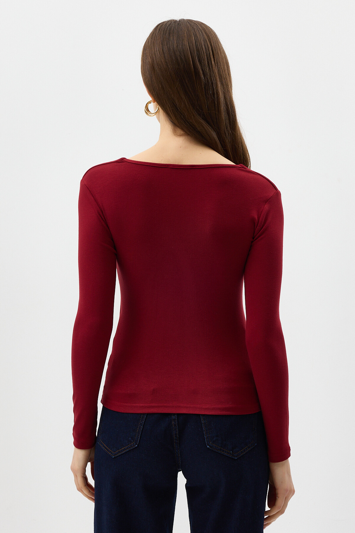 Bordo Kare Yaka Uzun Kollu Fitilli Kadın Body 8267A - 5