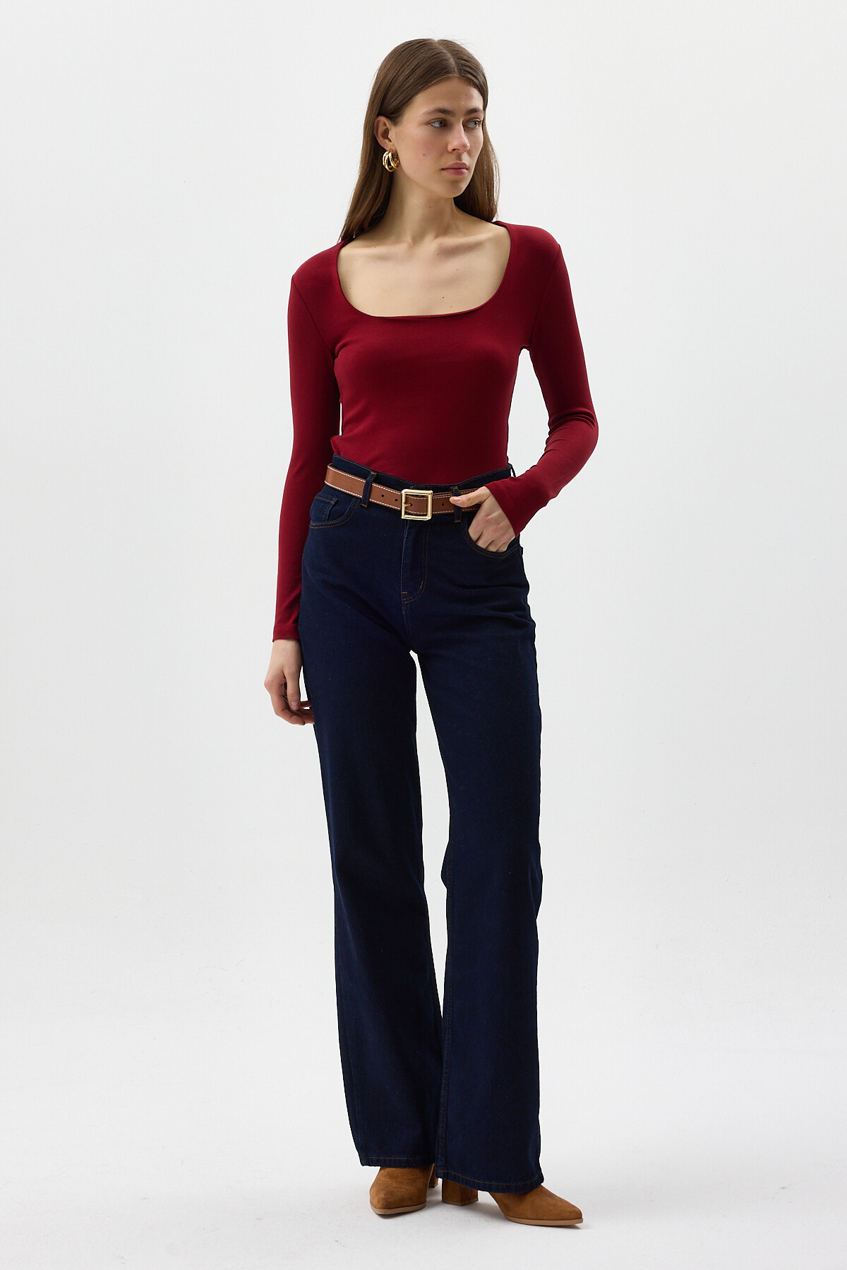 Bordo Kare Yaka Uzun Kollu Fitilli Kadın Body 8267A - 3