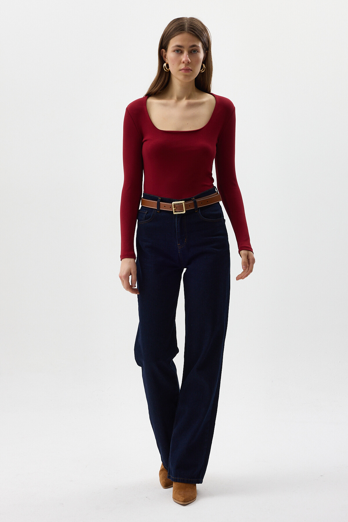 Bordo Kare Yaka Uzun Kollu Fitilli Kadın Body 8267A - 7