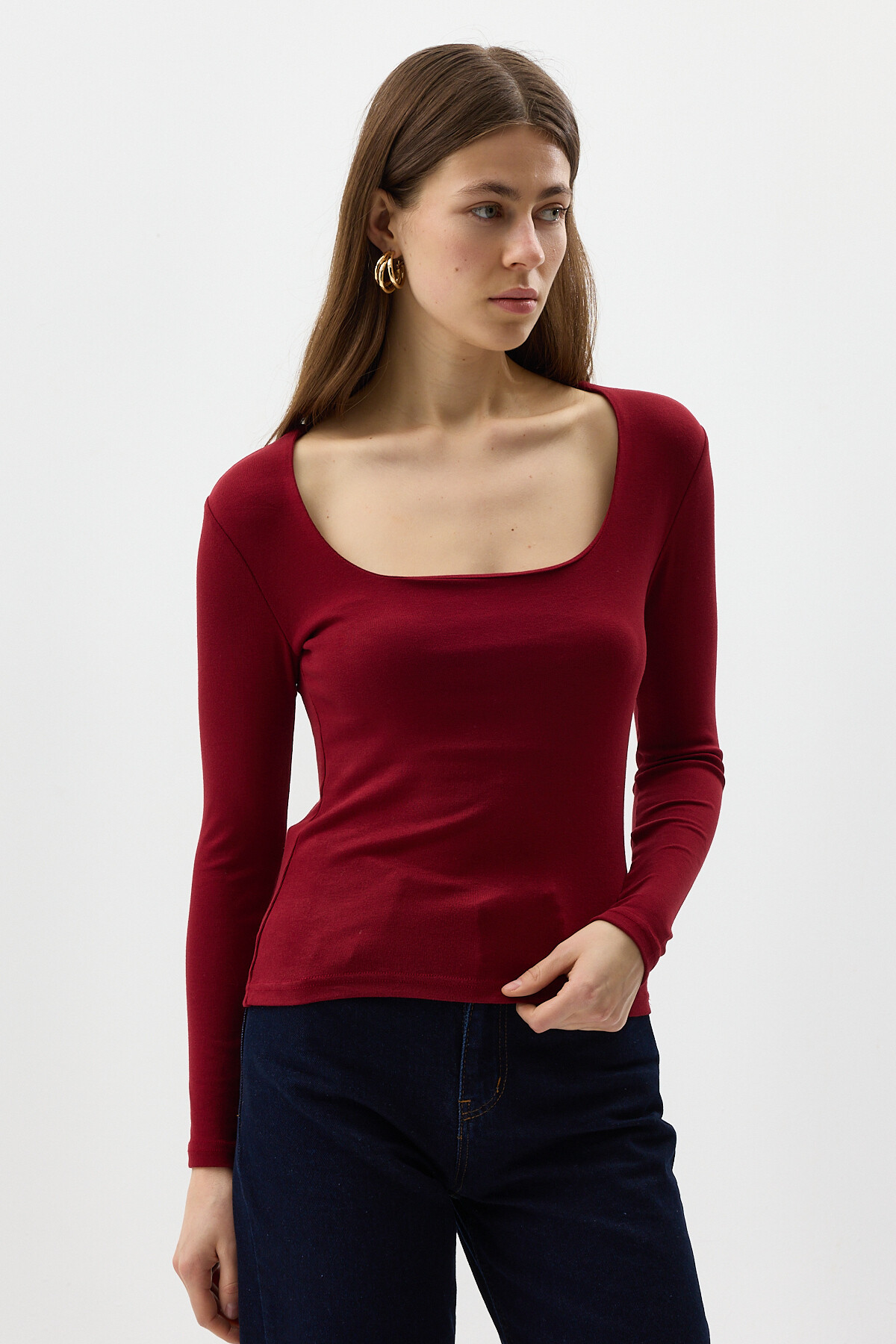 Bordo Kare Yaka Uzun Kollu Fitilli Kadın Body 8267A 