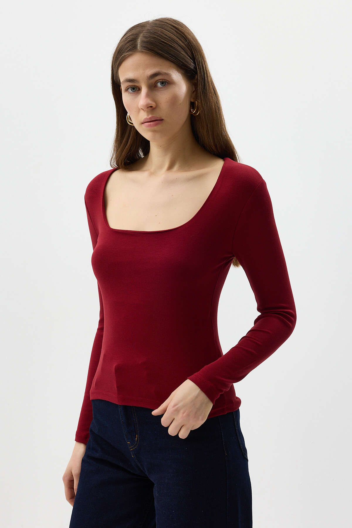 Bordo Kare Yaka Uzun Kollu Fitilli Kadın Body 8267A - 2
