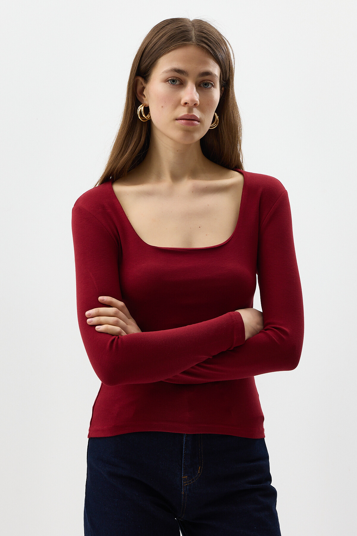 Bordo Kare Yaka Uzun Kollu Fitilli Kadın Body 8267A - 4