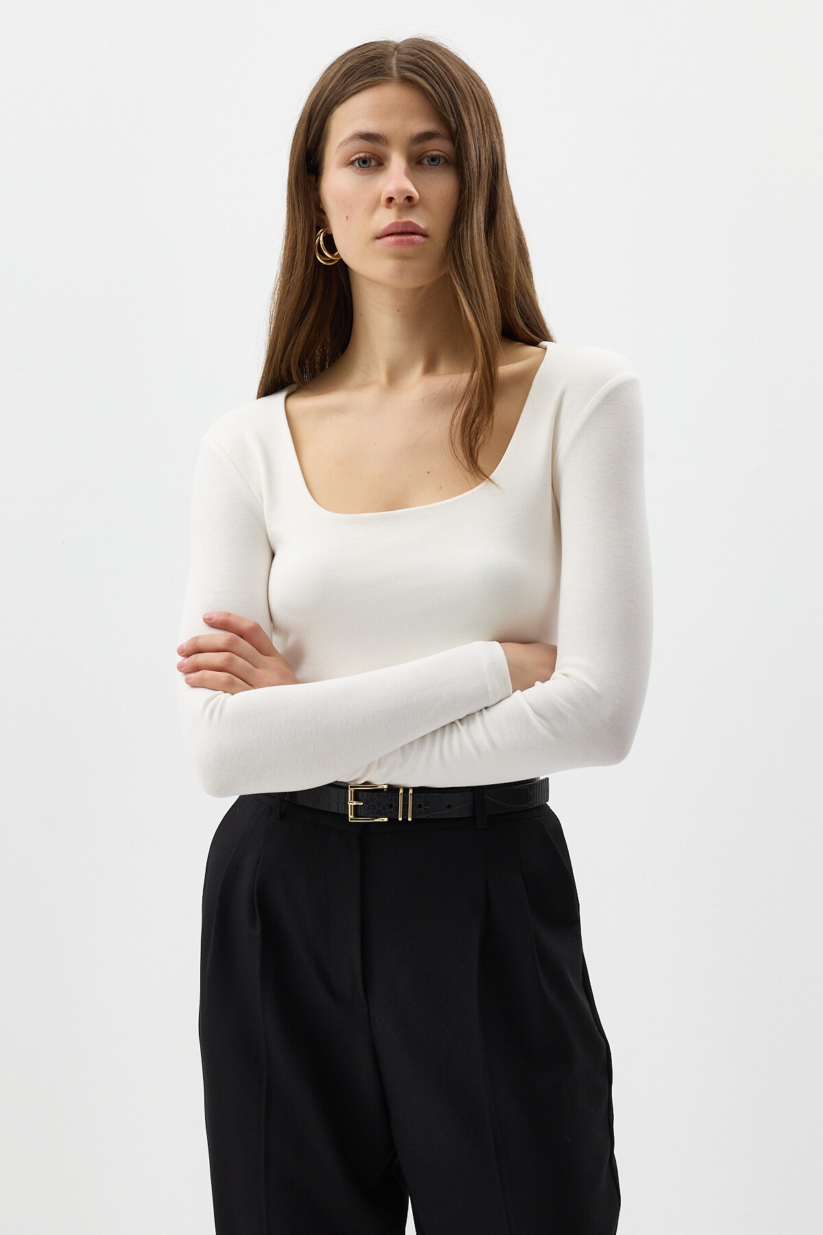 Ekru Kare Yaka Uzun Kollu Fitilli Kadın Body 8267A - RAYS