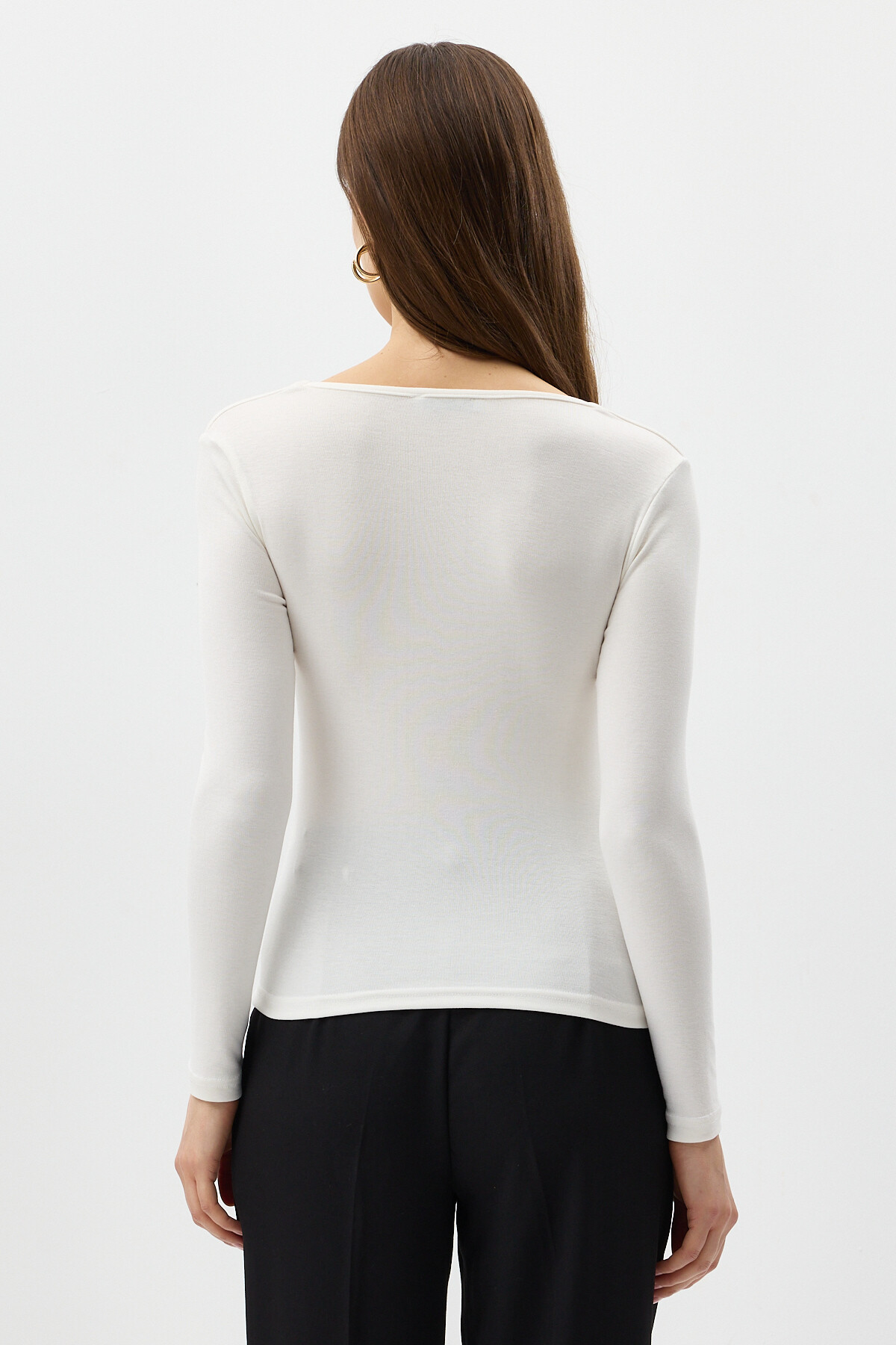 Ekru Kare Yaka Uzun Kollu Fitilli Kadın Body 8267A - 5