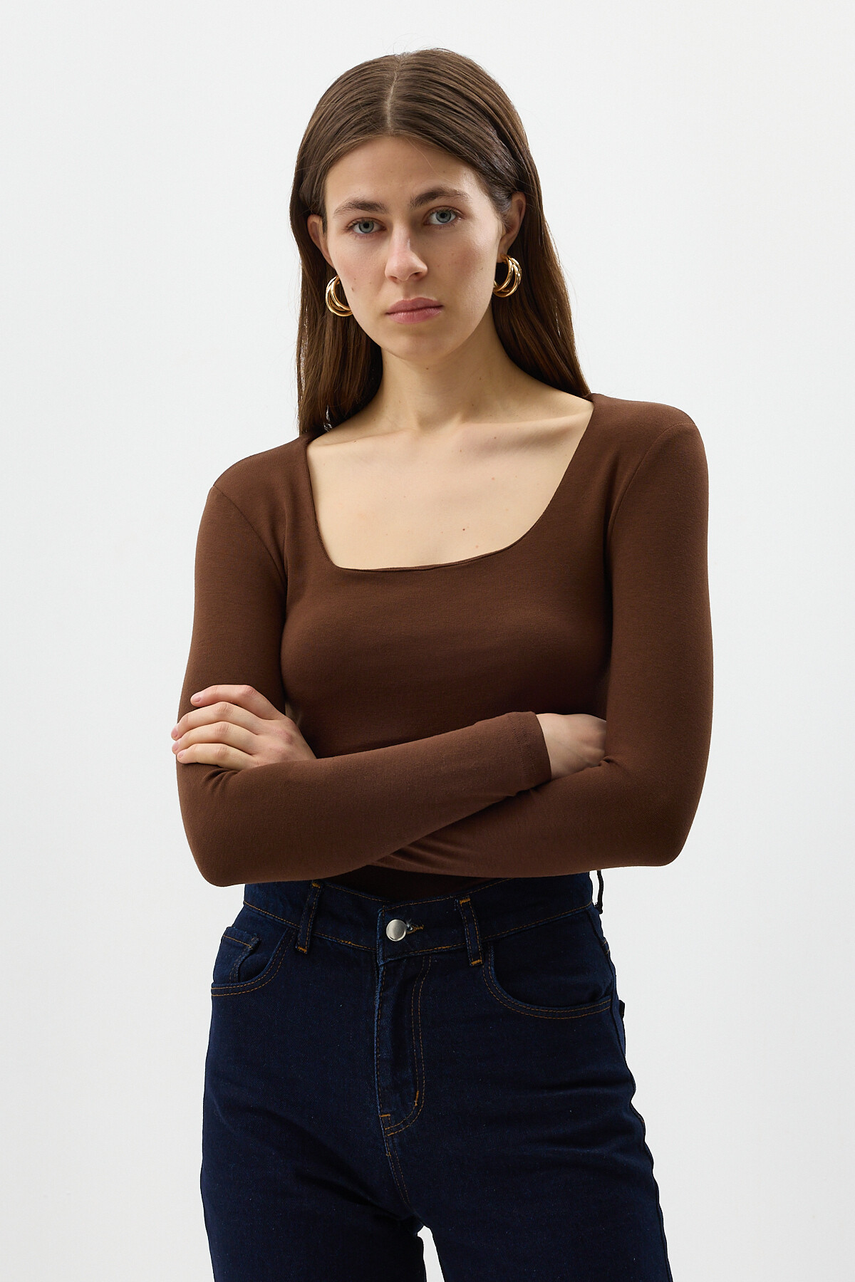 Kahverengi Kare Yaka Uzun Kollu Fitilli Kadın Body 8267A - RAYS