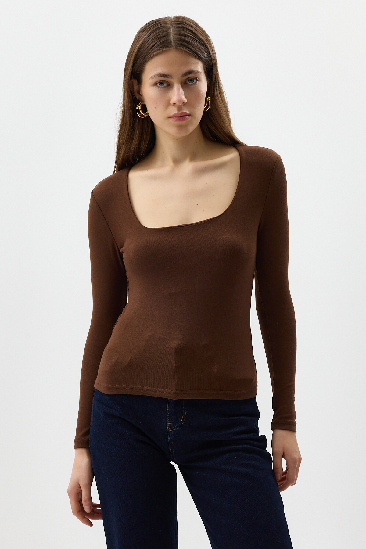 Kahverengi Kare Yaka Uzun Kollu Fitilli Kadın Body 8267A - 6