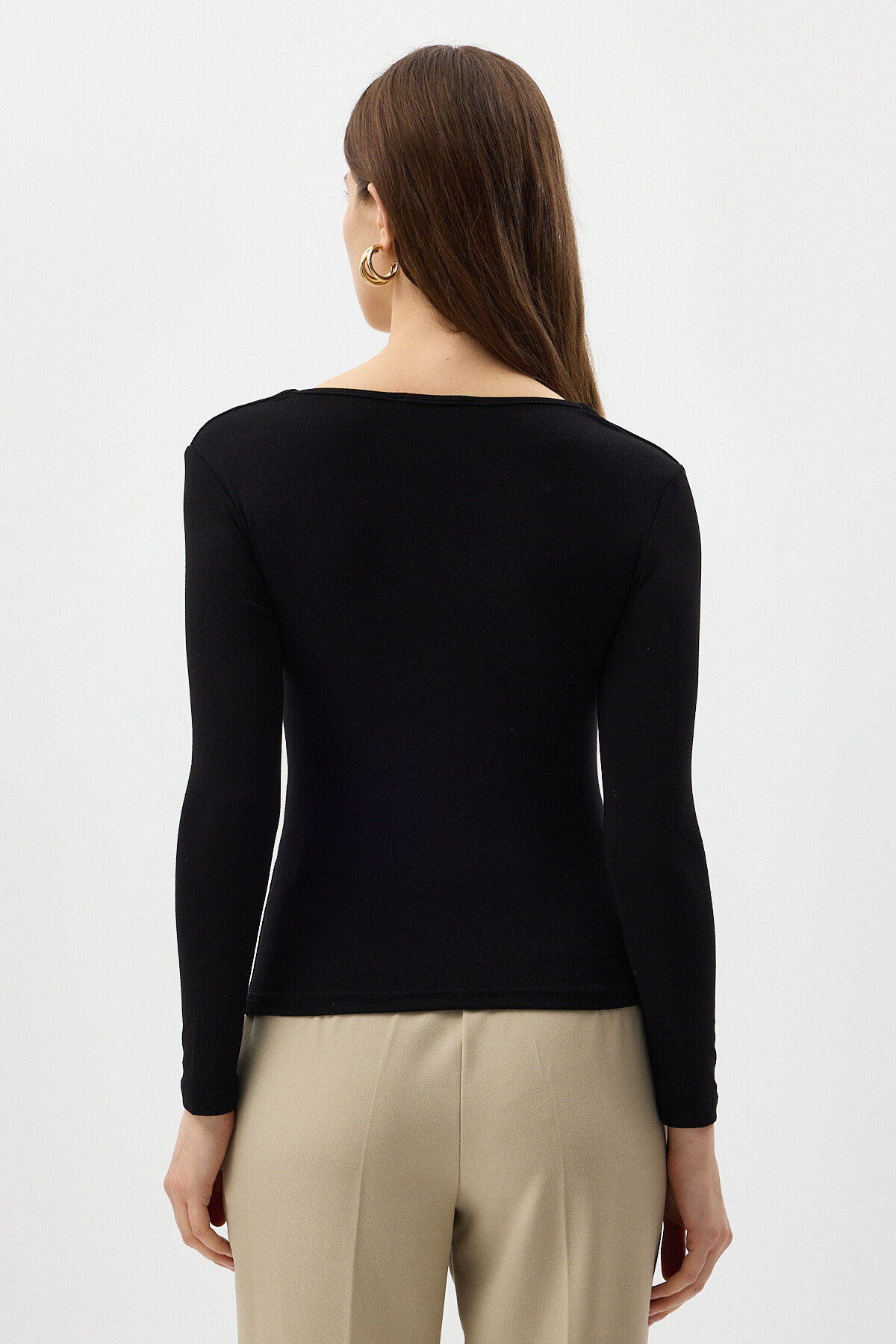 Siyah Kare Yaka Uzun Kollu Fitilli Kadın Body 8267A - 5