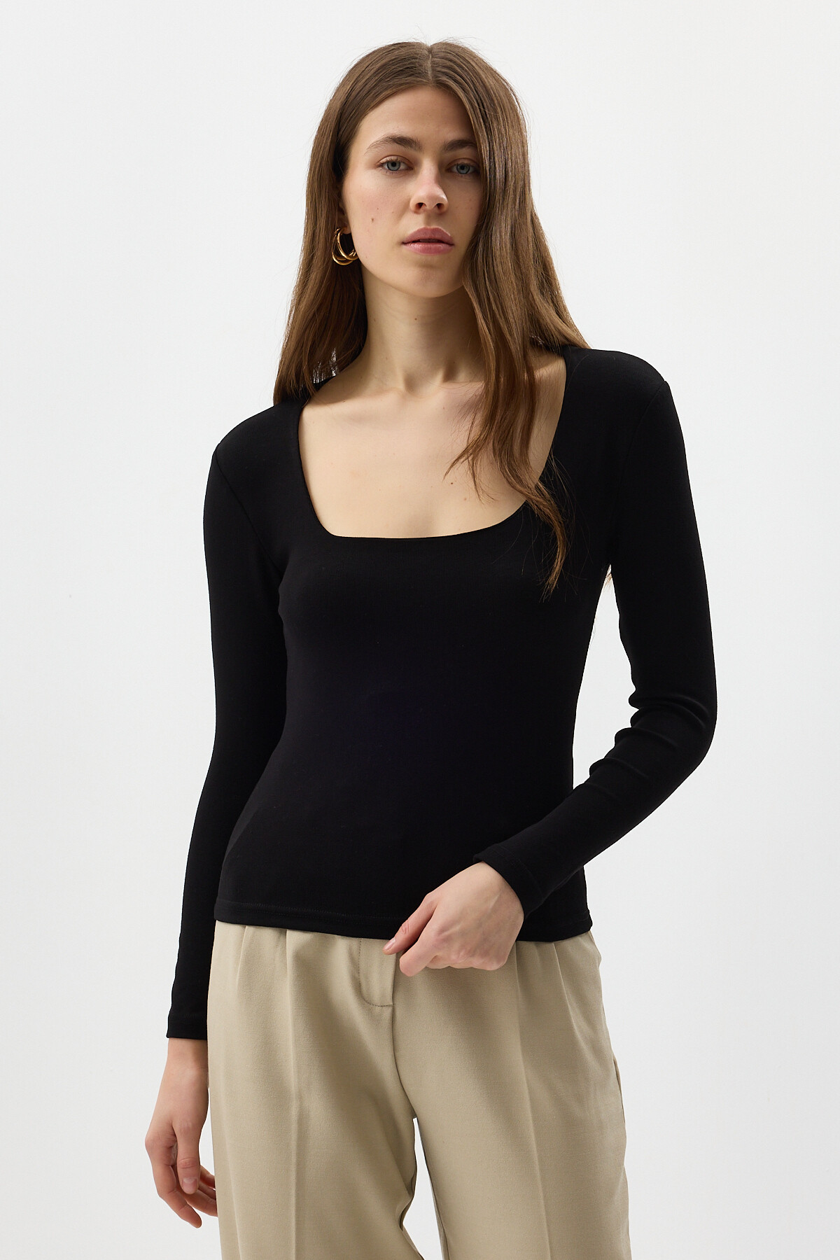 Siyah Kare Yaka Uzun Kollu Fitilli Kadın Body 8267A - 2