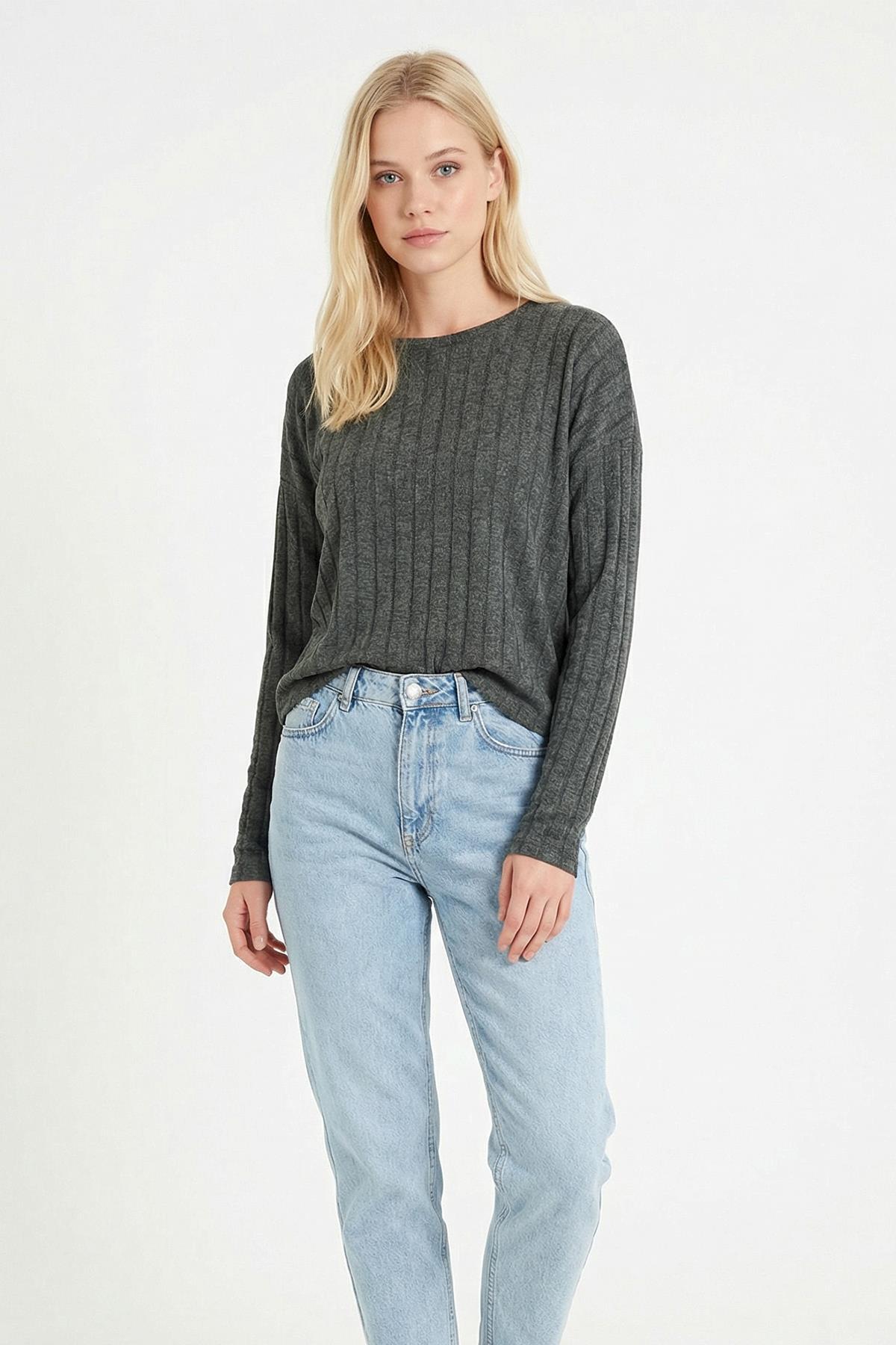 8268A Bisiklet Yaka Bluz Antrasit 