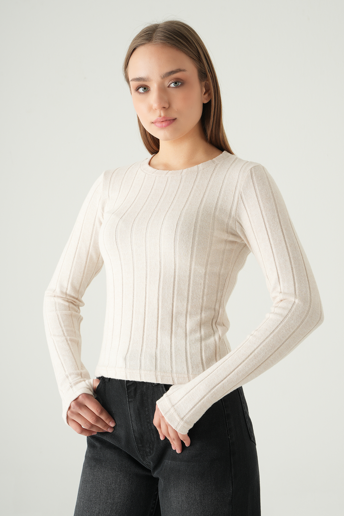 Bej Bisiklet Yaka Bluz 8268A - 1