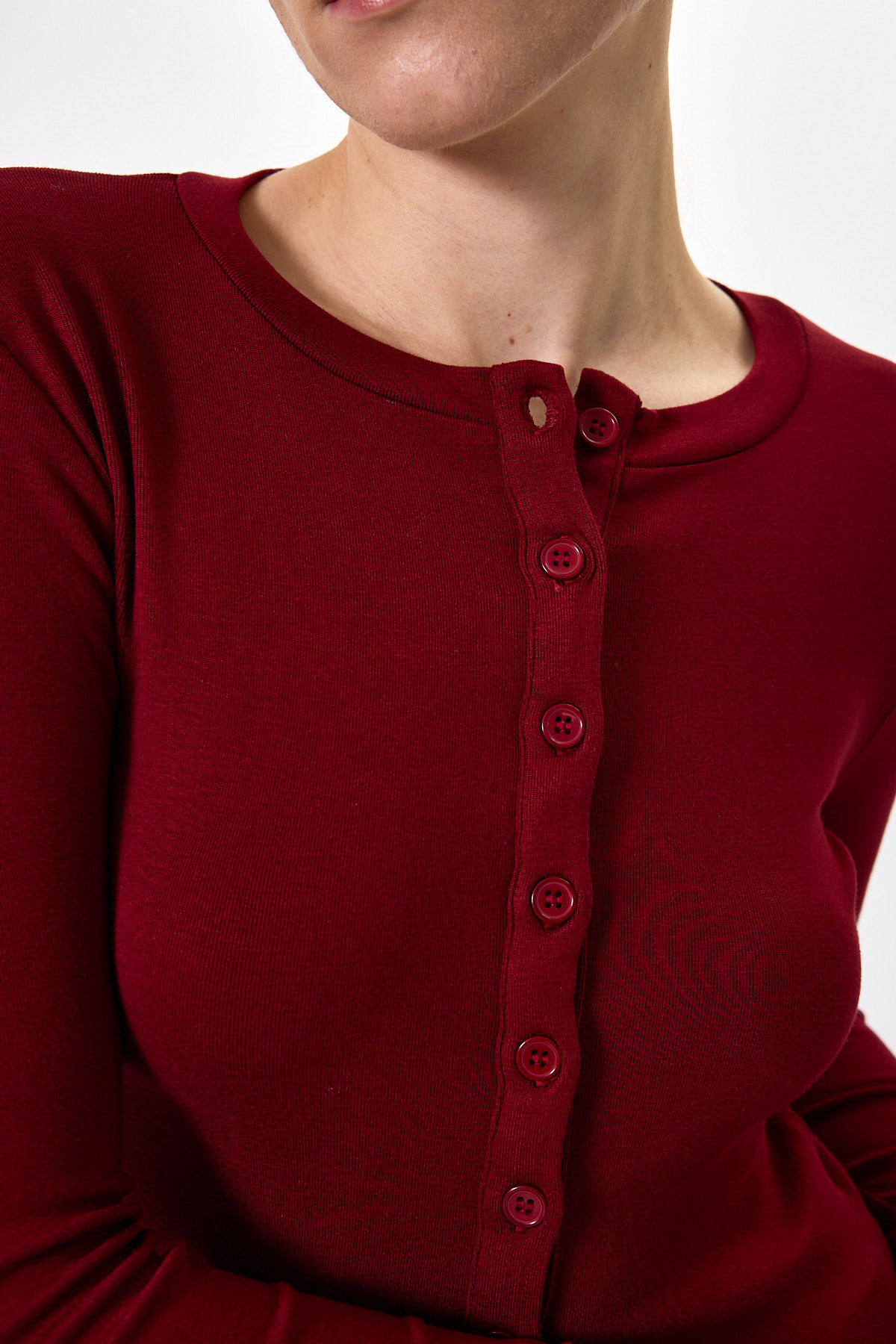 Bordo Ön Düğmeli Bisiklet Yaka Uzun Kollu Fitilli Kadın Body 8270A - RAYS