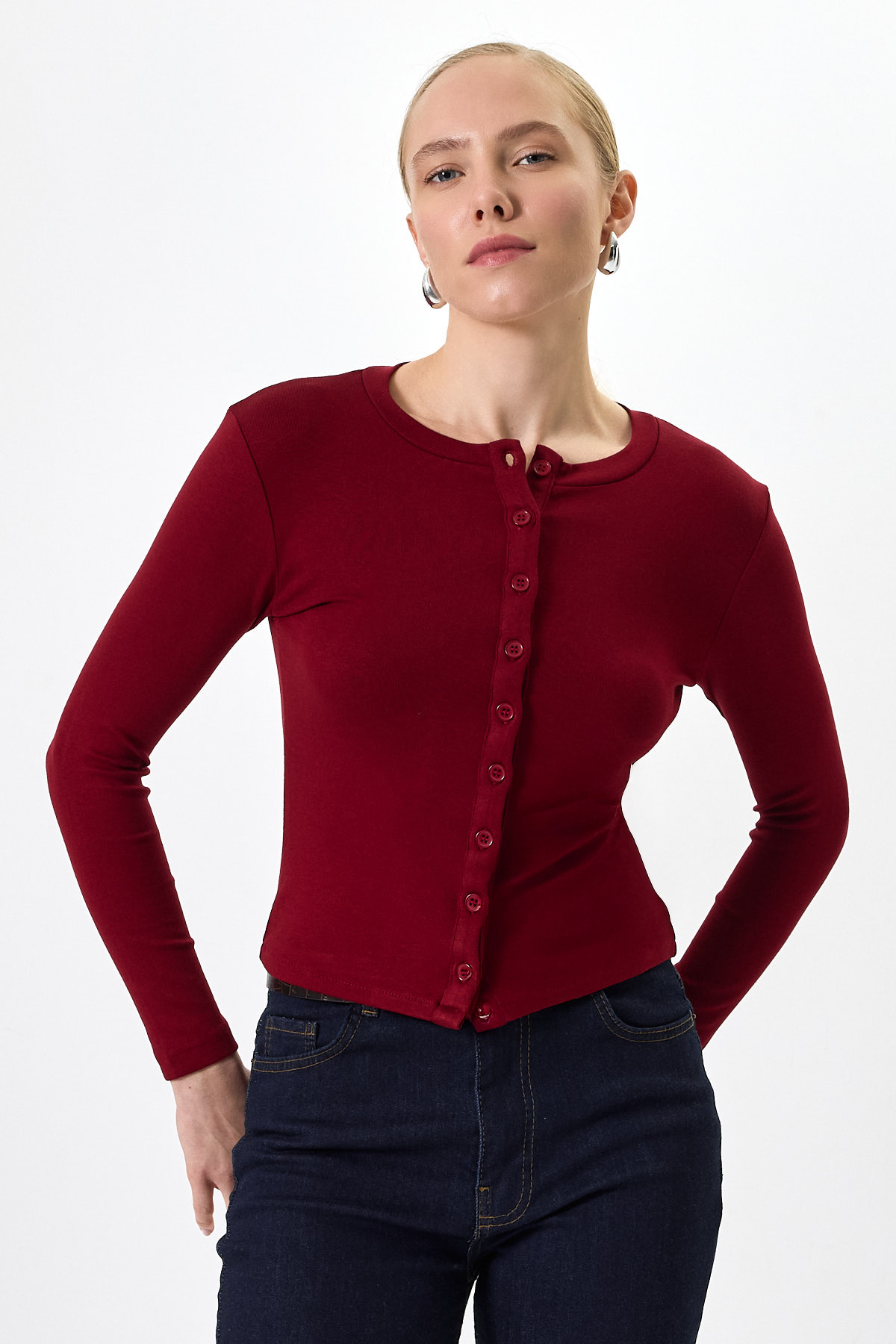 Bordo Ön Düğmeli Bisiklet Yaka Uzun Kollu Fitilli Kadın Body 8270A - 6