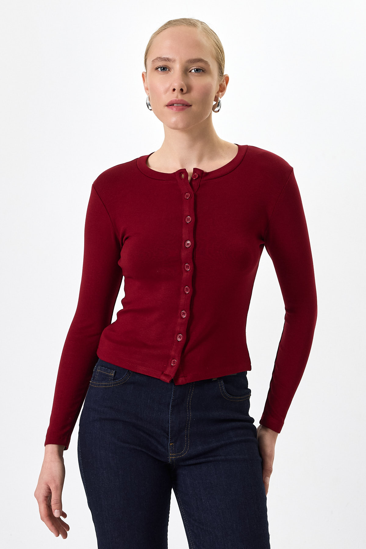 Bordo Ön Düğmeli Bisiklet Yaka Uzun Kollu Fitilli Kadın Body 8270A - RAYS