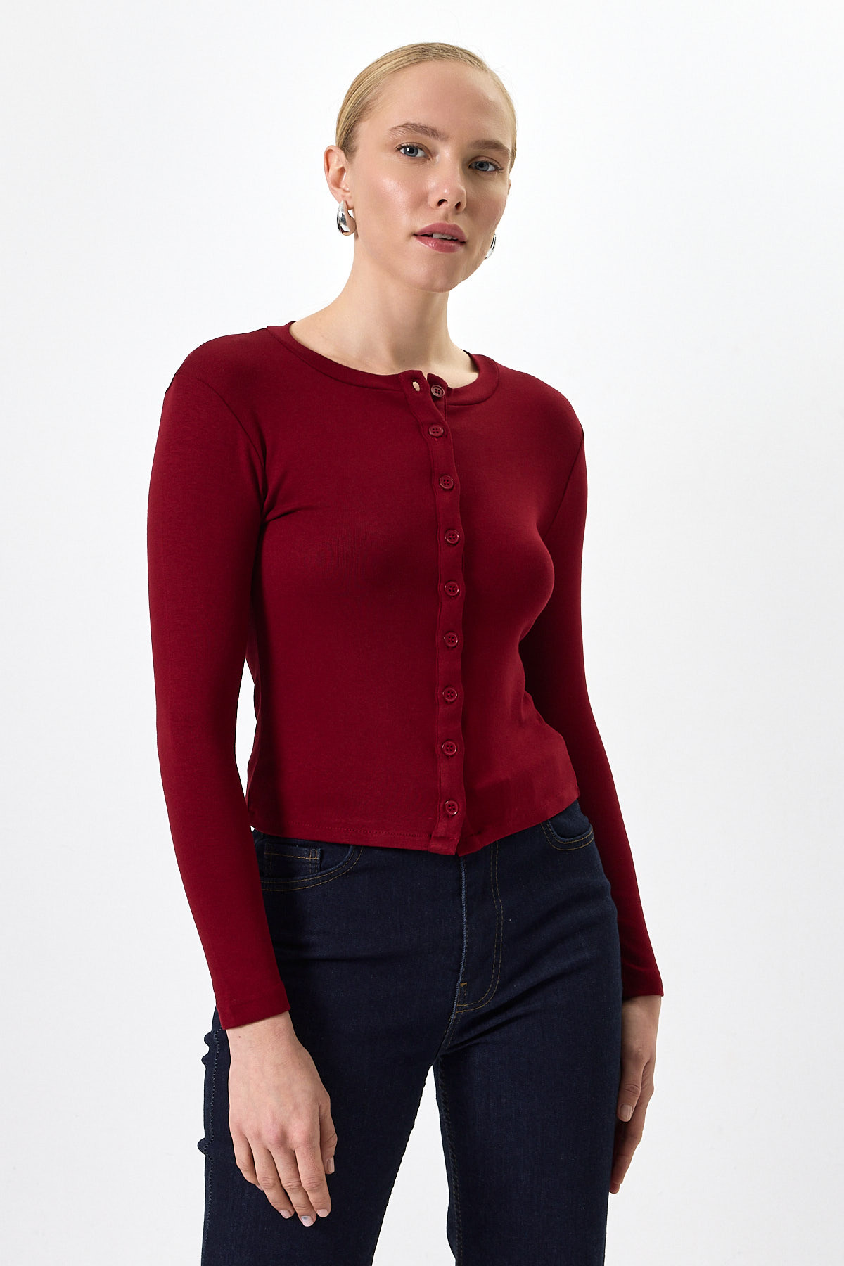 Bordo Ön Düğmeli Bisiklet Yaka Uzun Kollu Fitilli Kadın Body 8270A - RAYS