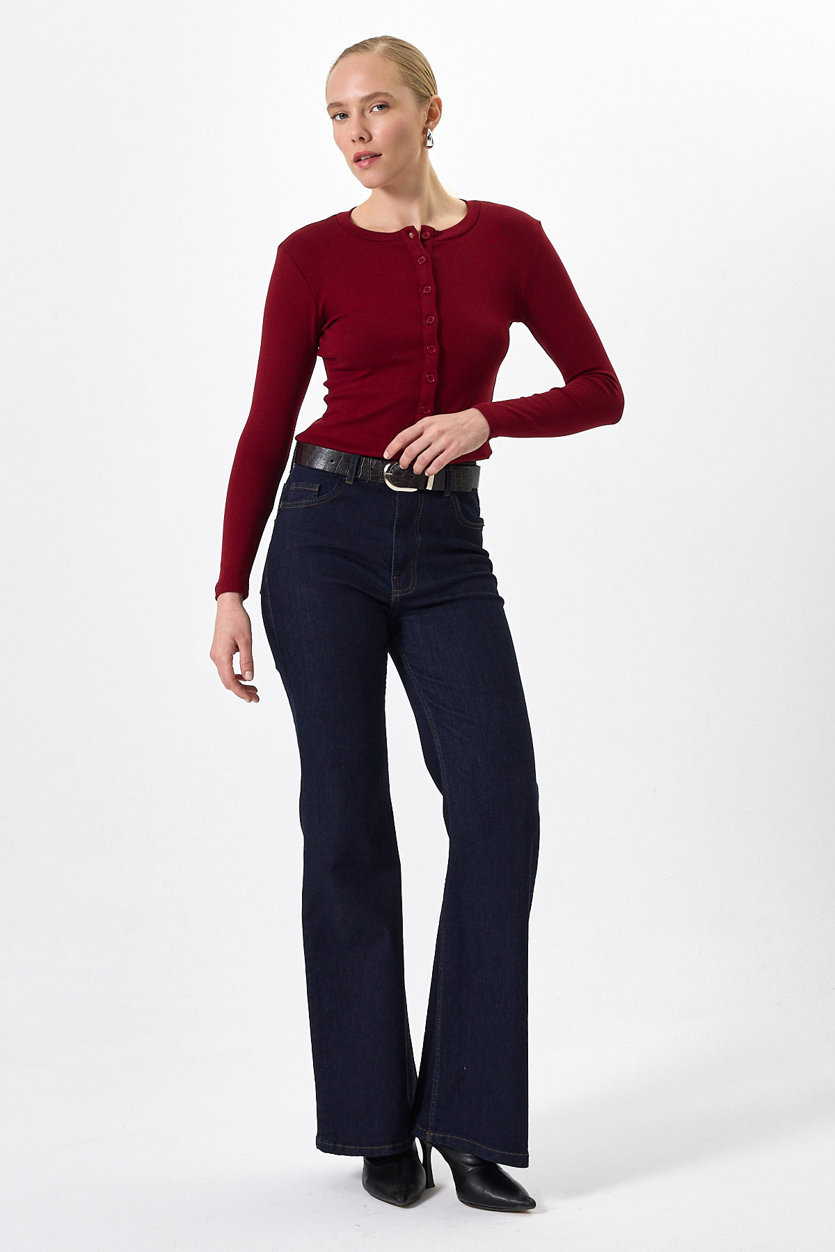 Bordo Ön Düğmeli Bisiklet Yaka Uzun Kollu Fitilli Kadın Body 8270A - 3