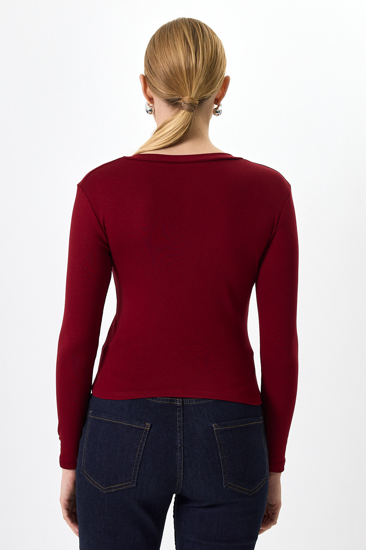 Bordo Ön Düğmeli Bisiklet Yaka Uzun Kollu Fitilli Kadın Body 8270A - 5