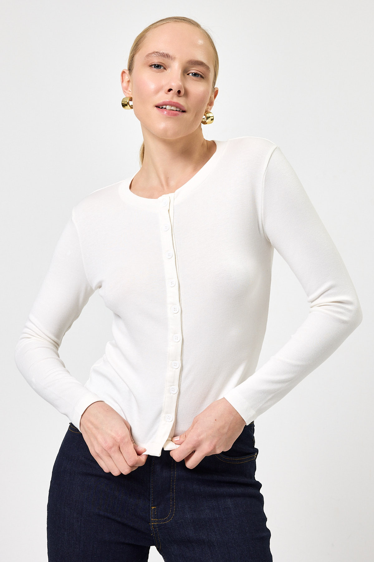 Ekru Ön Düğmeli Bisiklet Yaka Uzun Kollu Fitilli Kadın Body 8270A - RAYS (1)
