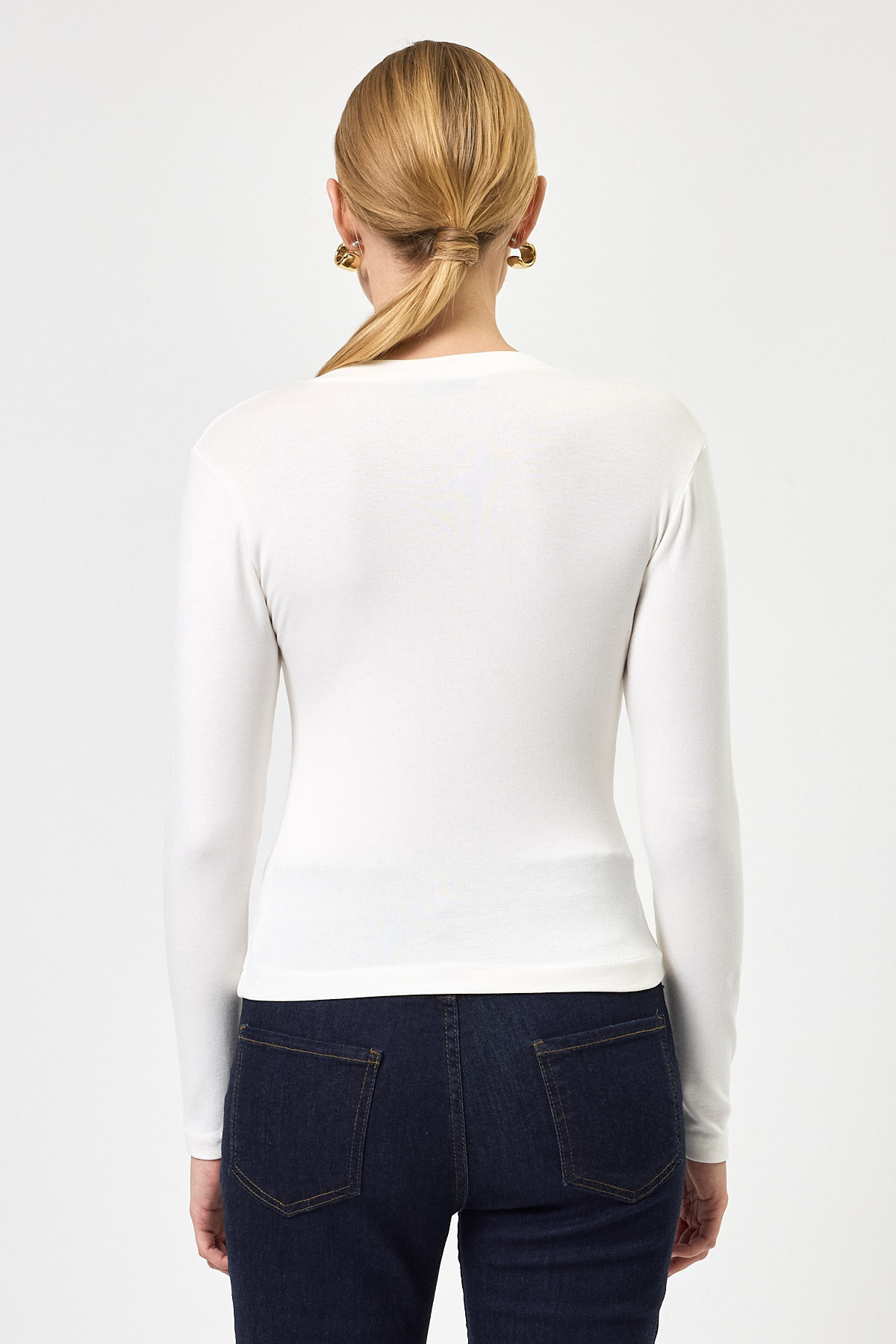 Ekru Ön Düğmeli Bisiklet Yaka Uzun Kollu Fitilli Kadın Body 8270A - 5