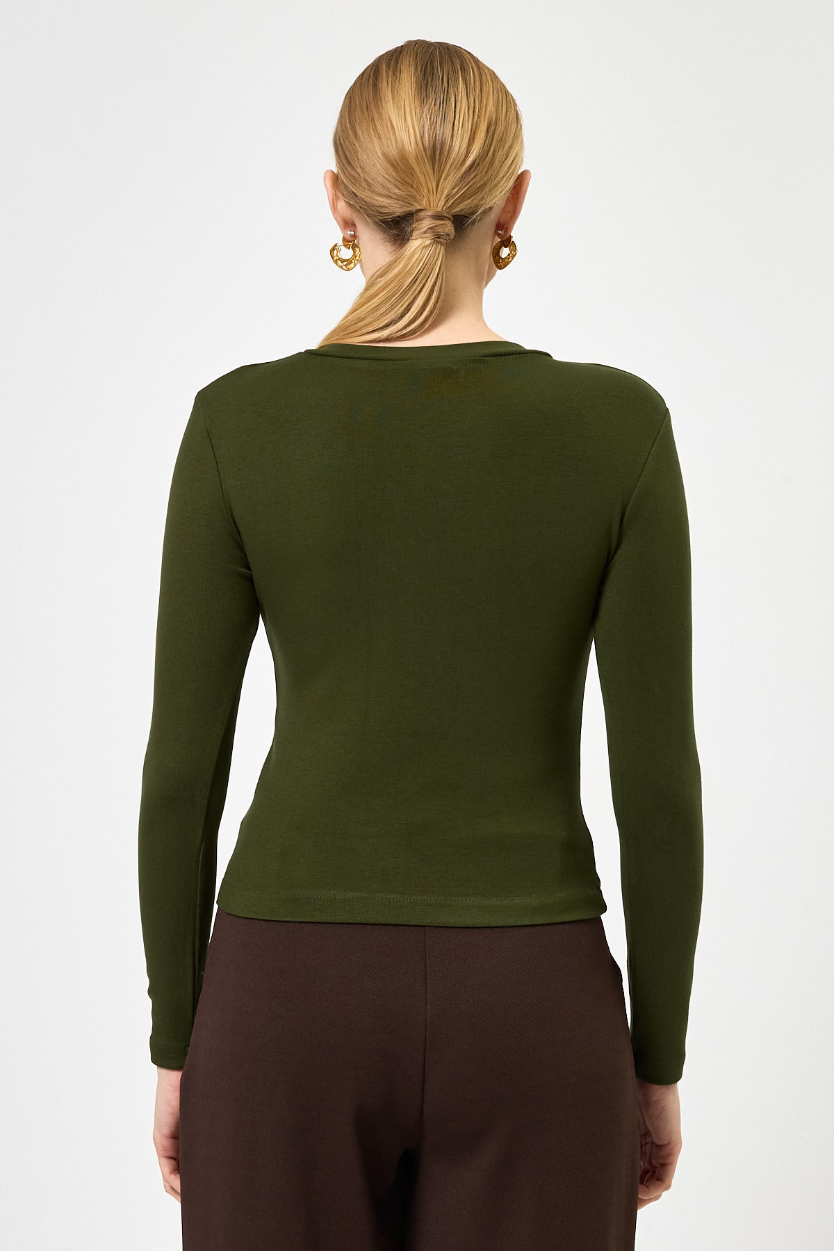 Haki Ön Düğmeli Bisiklet Yaka Uzun Kollu Fitilli Kadın Body 8270A - 5