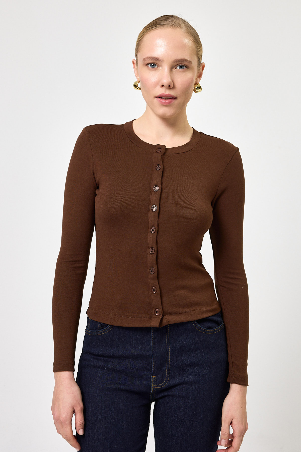 Kahverengi Ön Düğmeli Bisiklet Yaka Uzun Kollu Fitilli Kadın Body 8270A - RAYS