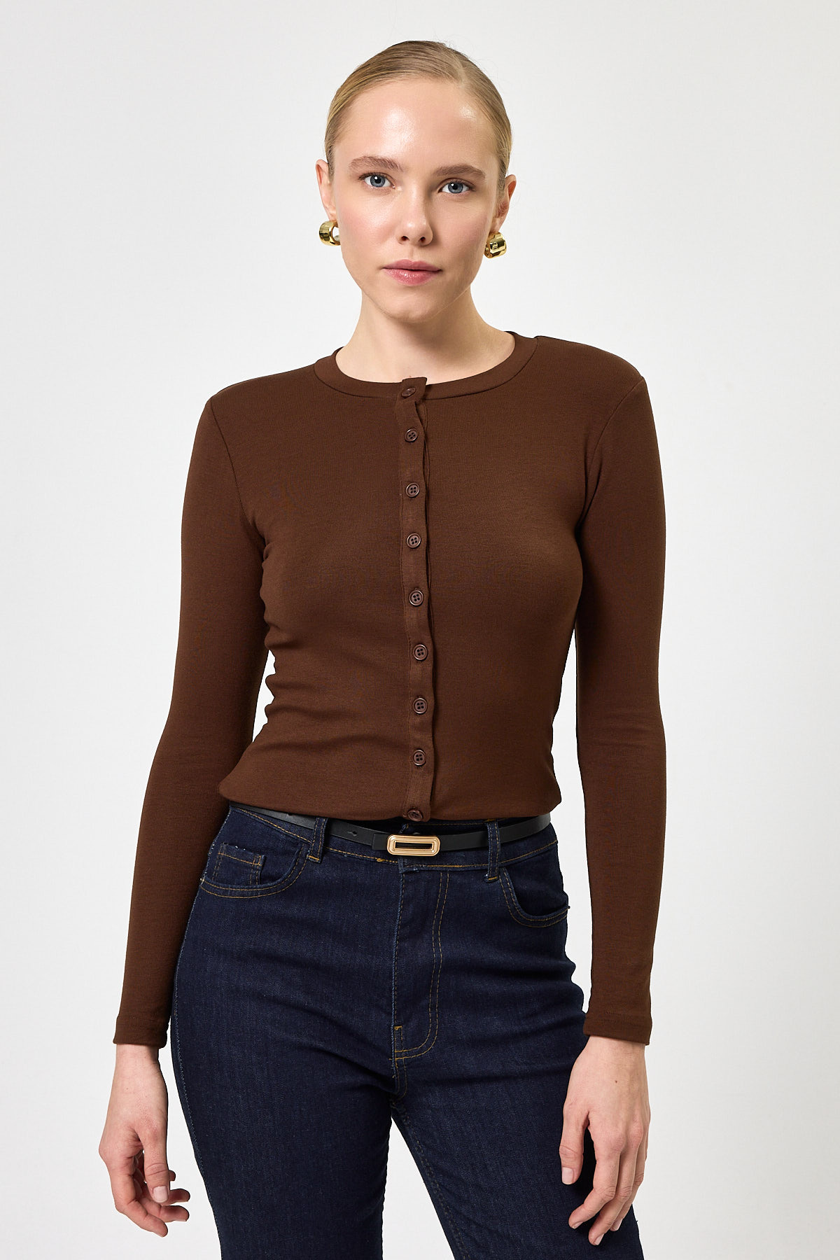 Kahverengi Ön Düğmeli Bisiklet Yaka Uzun Kollu Fitilli Kadın Body 8270A - RAYS