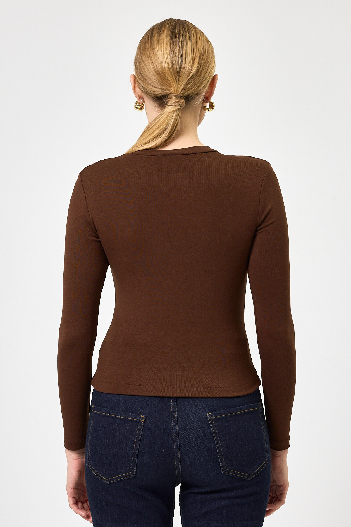 Kahverengi Ön Düğmeli Bisiklet Yaka Uzun Kollu Fitilli Kadın Body 8270A - 5