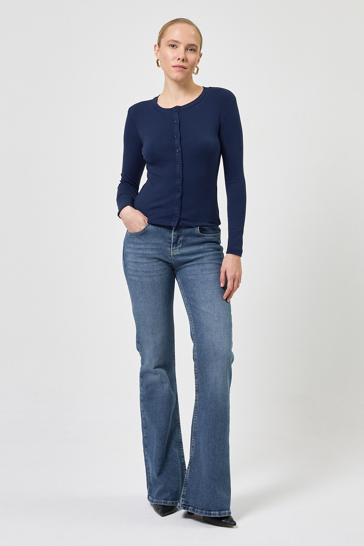 Lacivert Ön Düğmeli Bisiklet Yaka Uzun Kollu Fitilli Kadın Body 8270A - RAYS