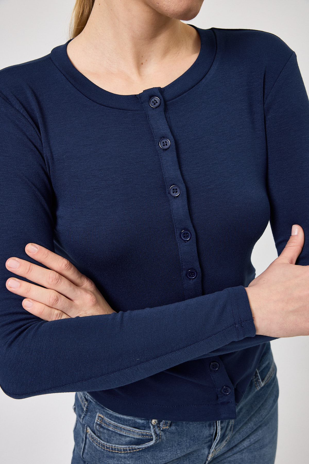 Lacivert Ön Düğmeli Bisiklet Yaka Uzun Kollu Fitilli Kadın Body 8270A - 4