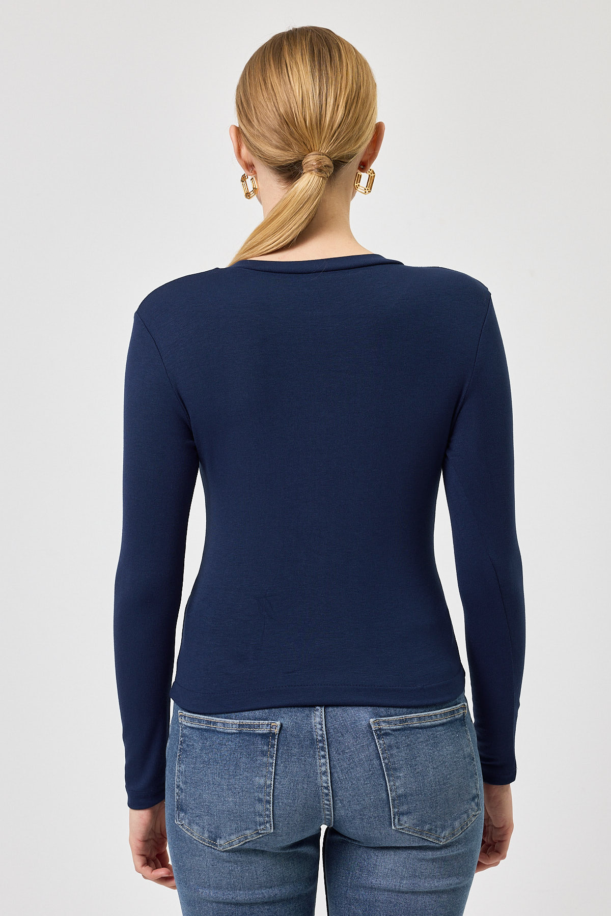 Lacivert Ön Düğmeli Bisiklet Yaka Uzun Kollu Fitilli Kadın Body 8270A - 5
