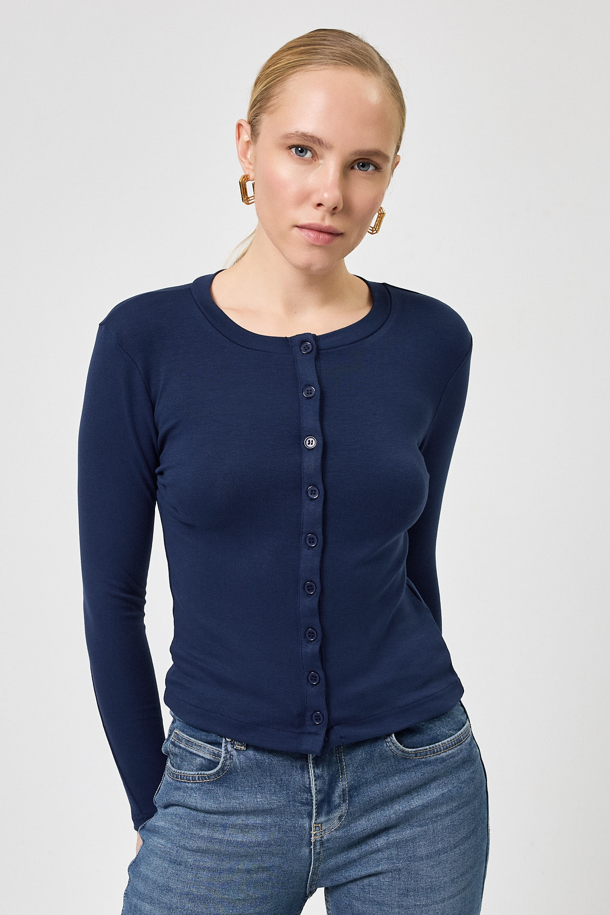 Lacivert Ön Düğmeli Bisiklet Yaka Uzun Kollu Fitilli Kadın Body 8270A - 2