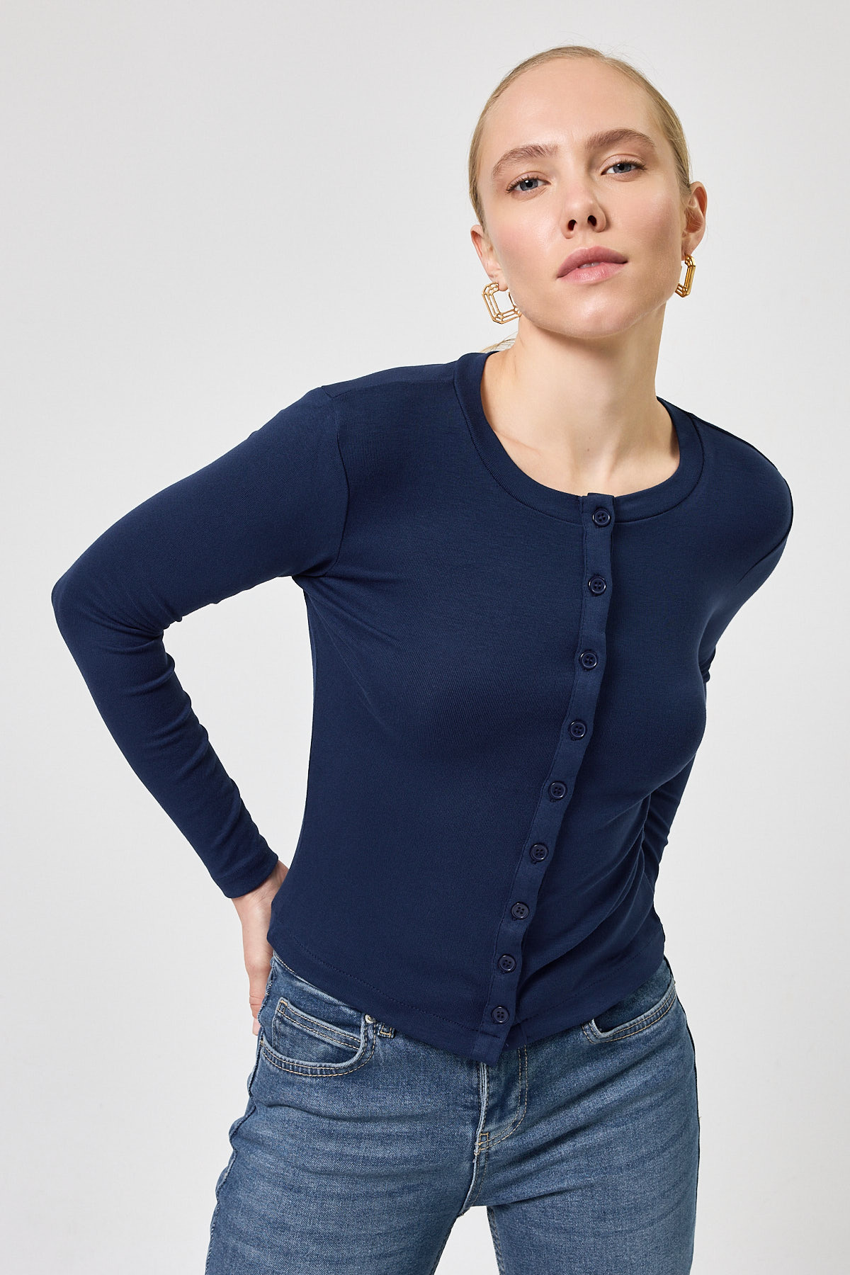 Lacivert Ön Düğmeli Bisiklet Yaka Uzun Kollu Fitilli Kadın Body 8270A - 1