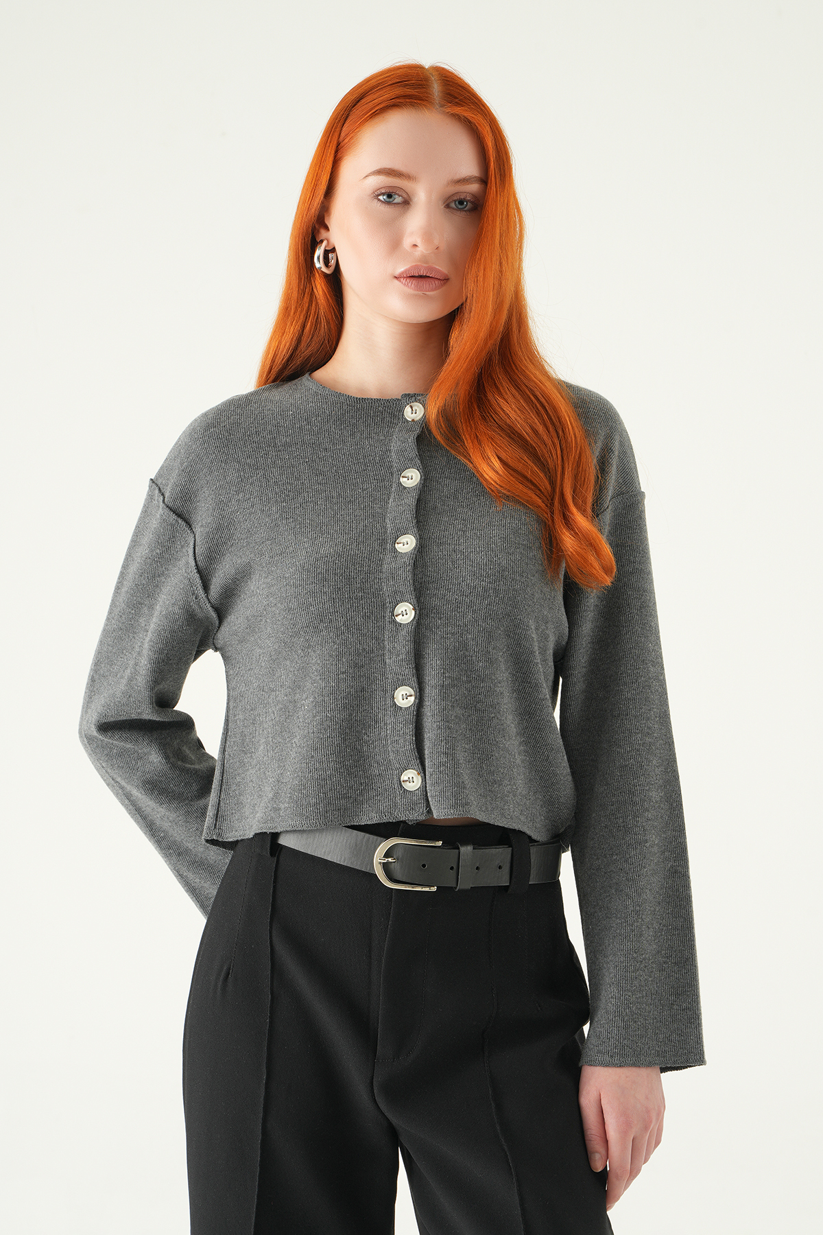 8273A Düğmeli Bisiklet Yaka Bluz Antrasit - RAYS