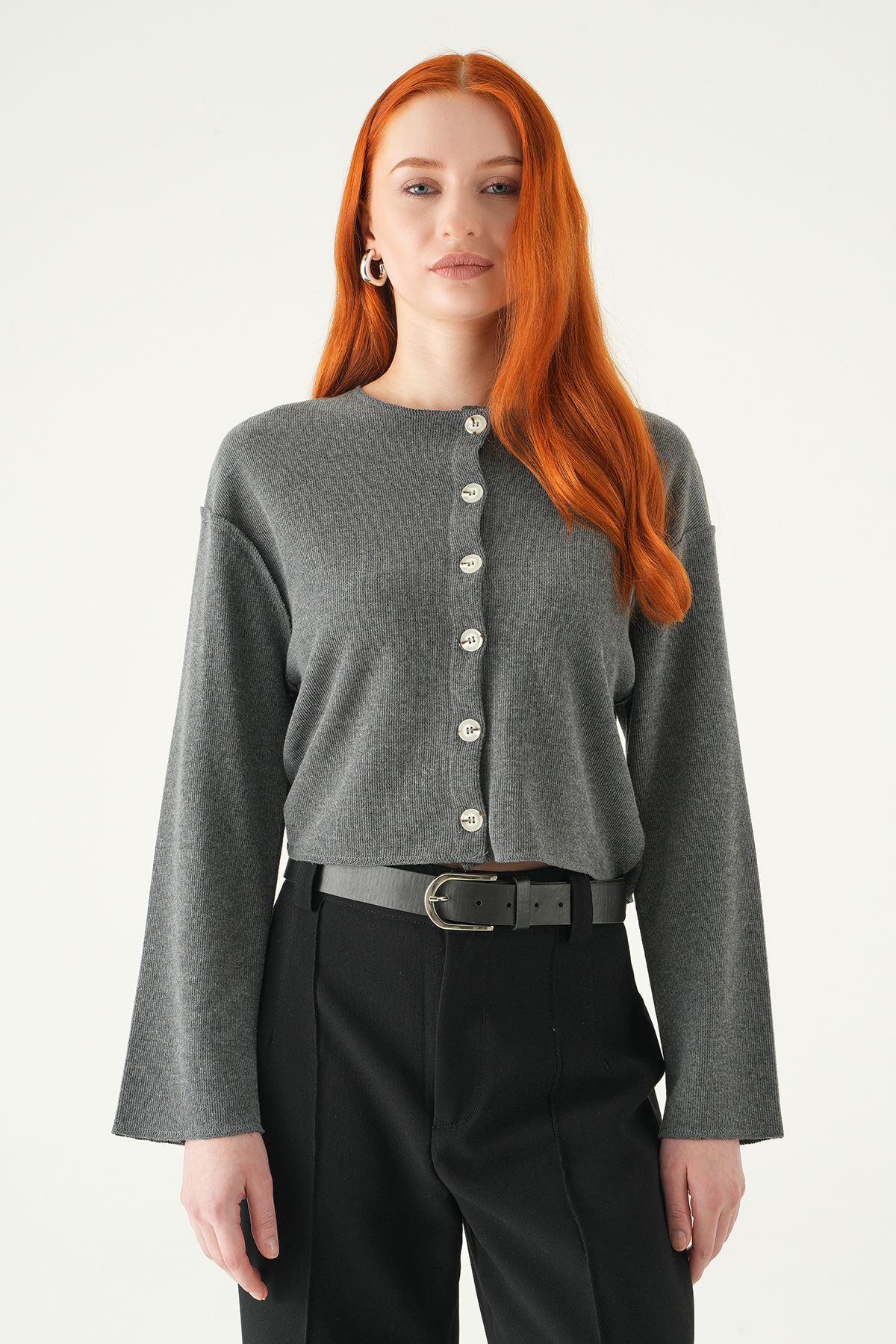 8273A Düğmeli Bisiklet Yaka Bluz Antrasit - RAYS